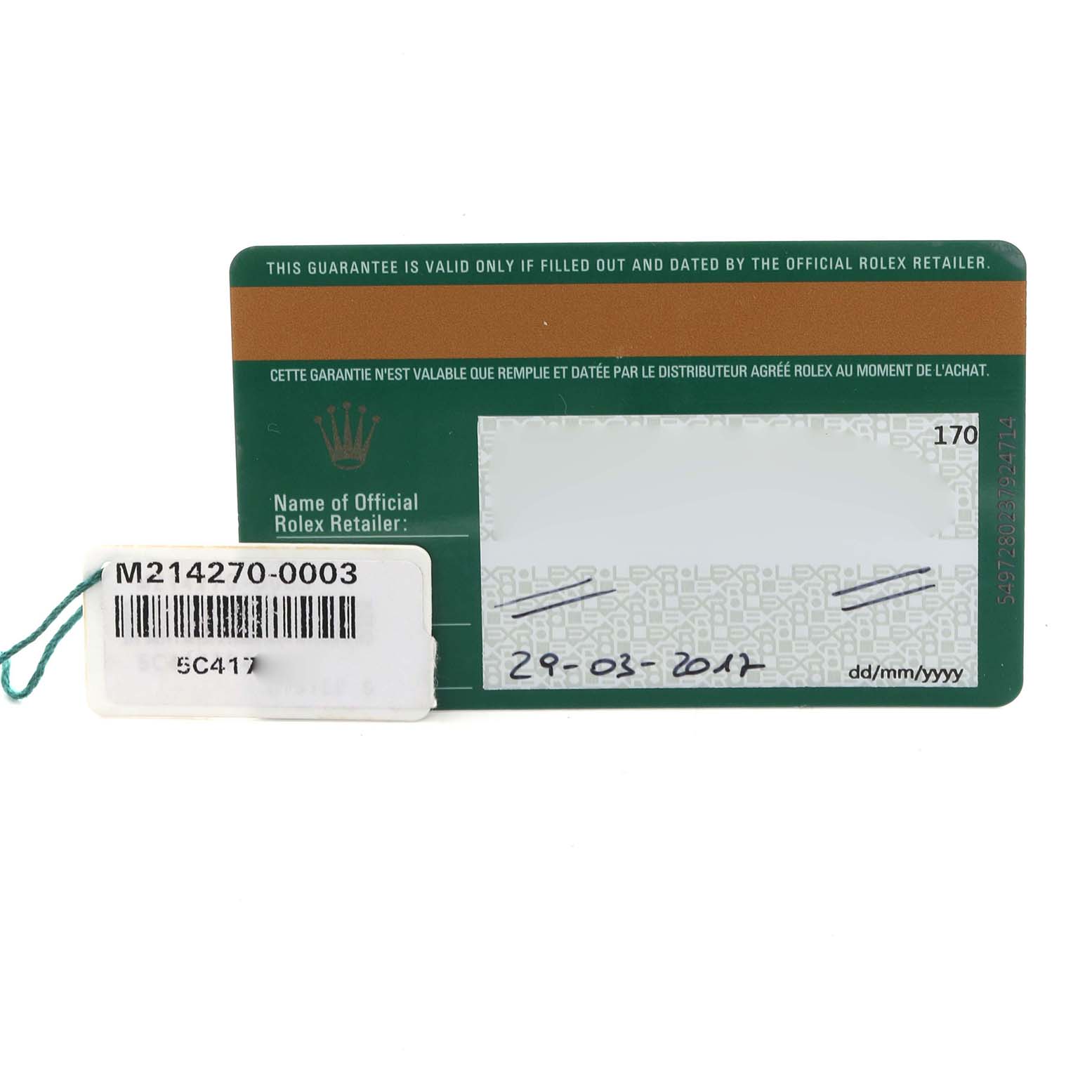The image shows the warranty card for a Rolex Explorer 214270 Men's Stainless Steel Black Dial 214270 Men's Stainless Steel Black Dial, with a tag displaying the model number.