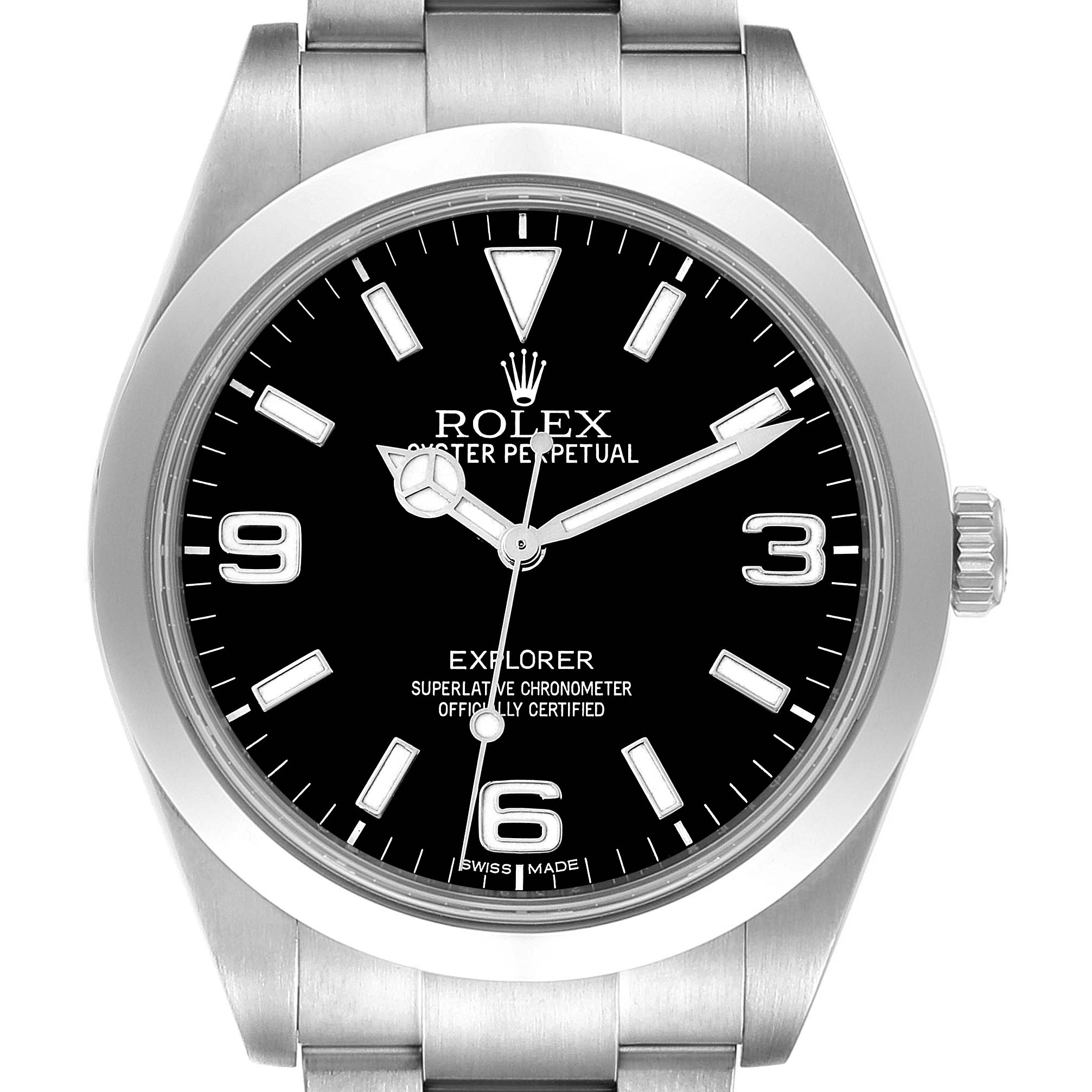 The image shows a front view of a Rolex Explorer 214270 Men's Stainless Steel Black Dial 214270 Men's Stainless Steel Black Dial watch, highlighting its black dial, stainless steel case, and bracelet.