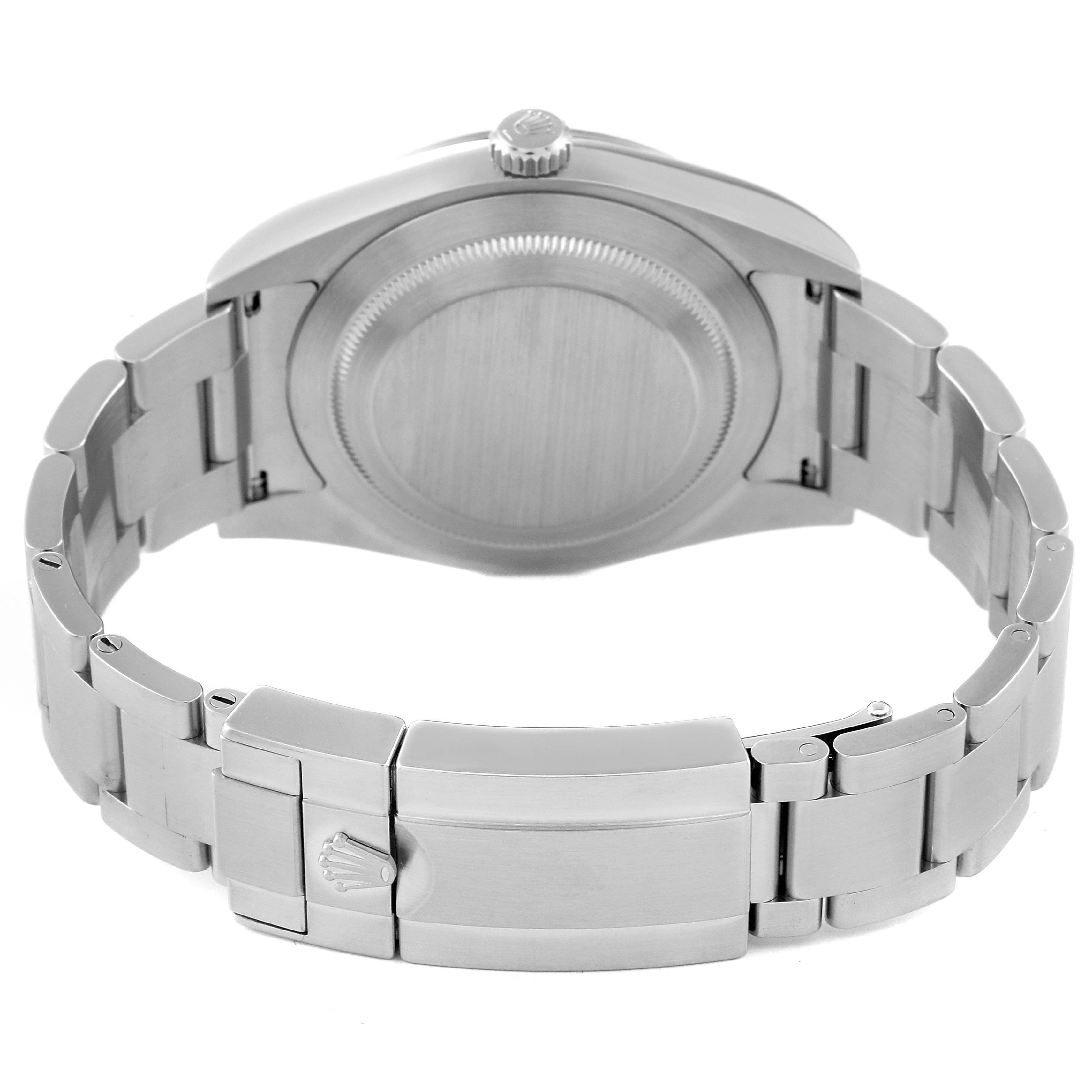 The image shows the back of a Rolex Explorer 214270 Men's Stainless Steel Black Dial 214270 Men's Stainless Steel Black Dial watch, highlighting its clasp, bracelet, and case back.