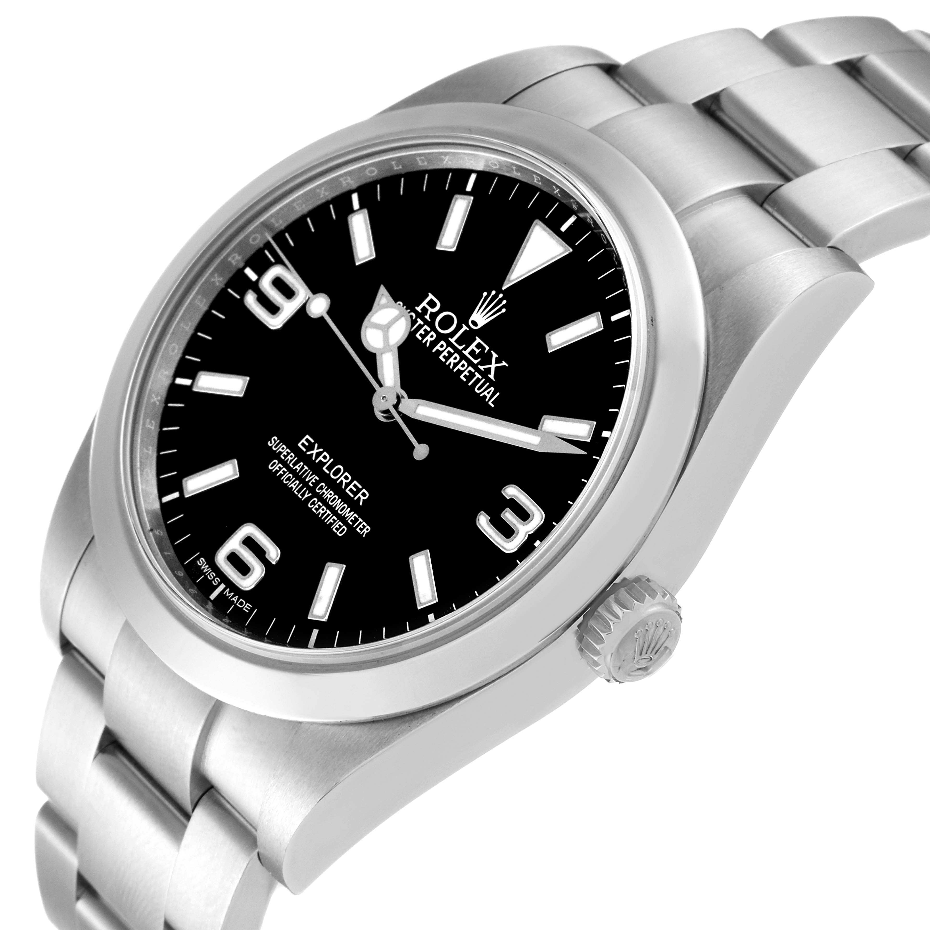 The image shows a side-angle view of a Rolex Explorer 214270 Men's Stainless Steel Black Dial 214270 Men's Stainless Steel Black Dial watch, highlighting its dial, crown, and stainless steel bracelet.
