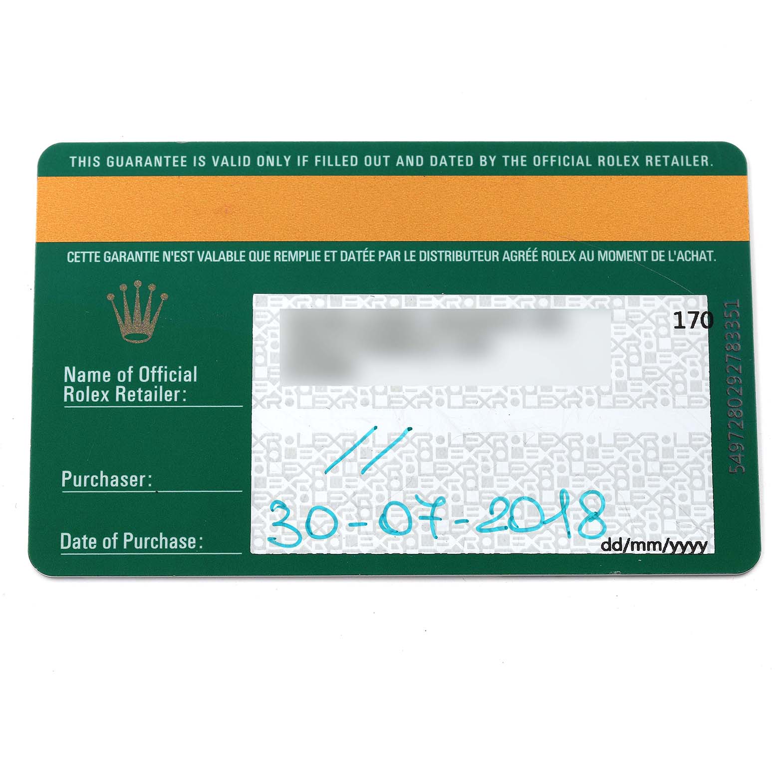 This image shows a guarantee card for a Rolex Explorer 214270 Men's Stainless Steel Black Dial 214270 Men's Stainless Steel Black Dial model watch, detailing the retailer, purchaser, and purchase date.