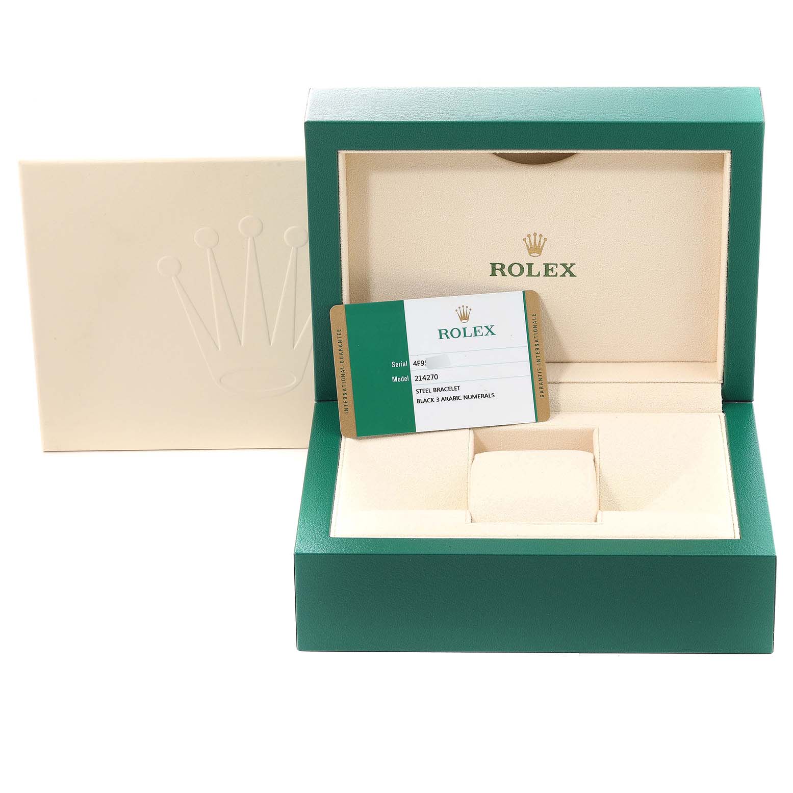 The image shows an empty Rolex watch box with a card for the Explorer model, viewed from the front.