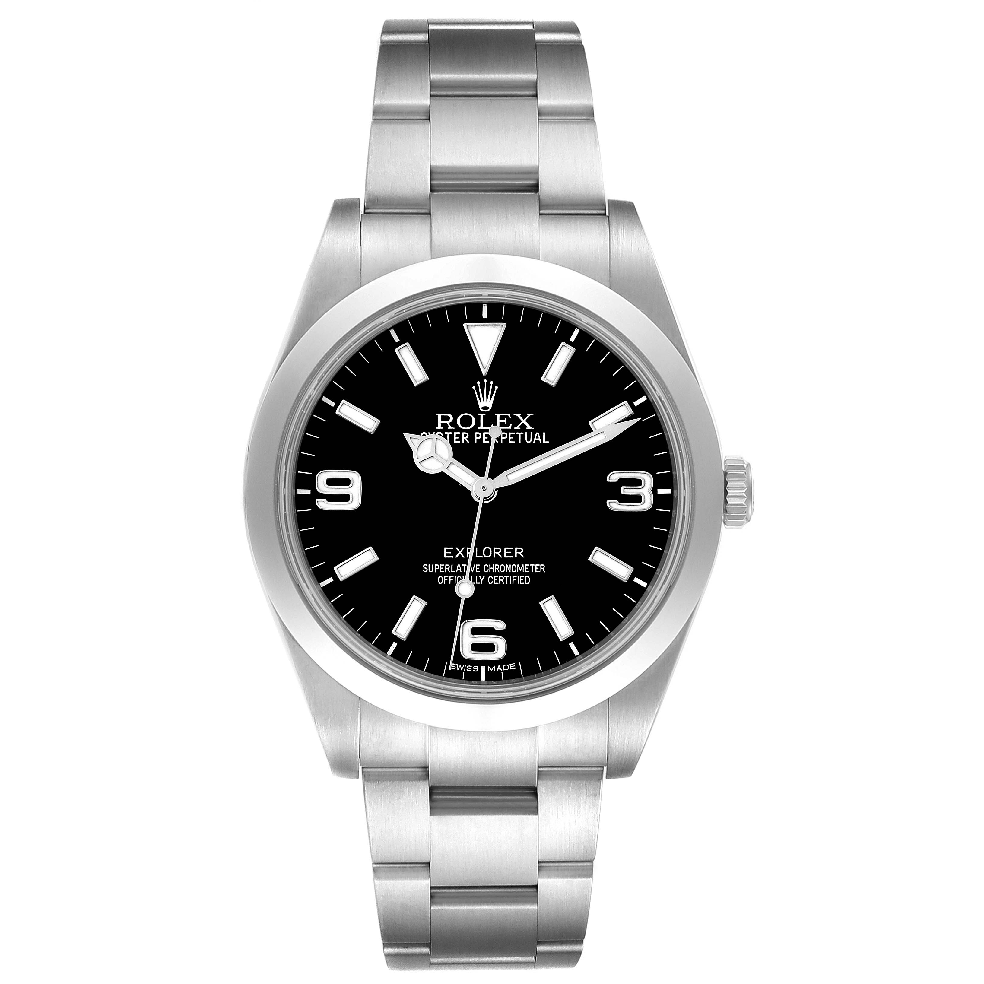 The image shows a front view of the Rolex Explorer 214270 Men's Stainless Steel Black Dial 214270 Men's Stainless Steel Black Dial watch, displaying the dial, hands, case, and bracelet.