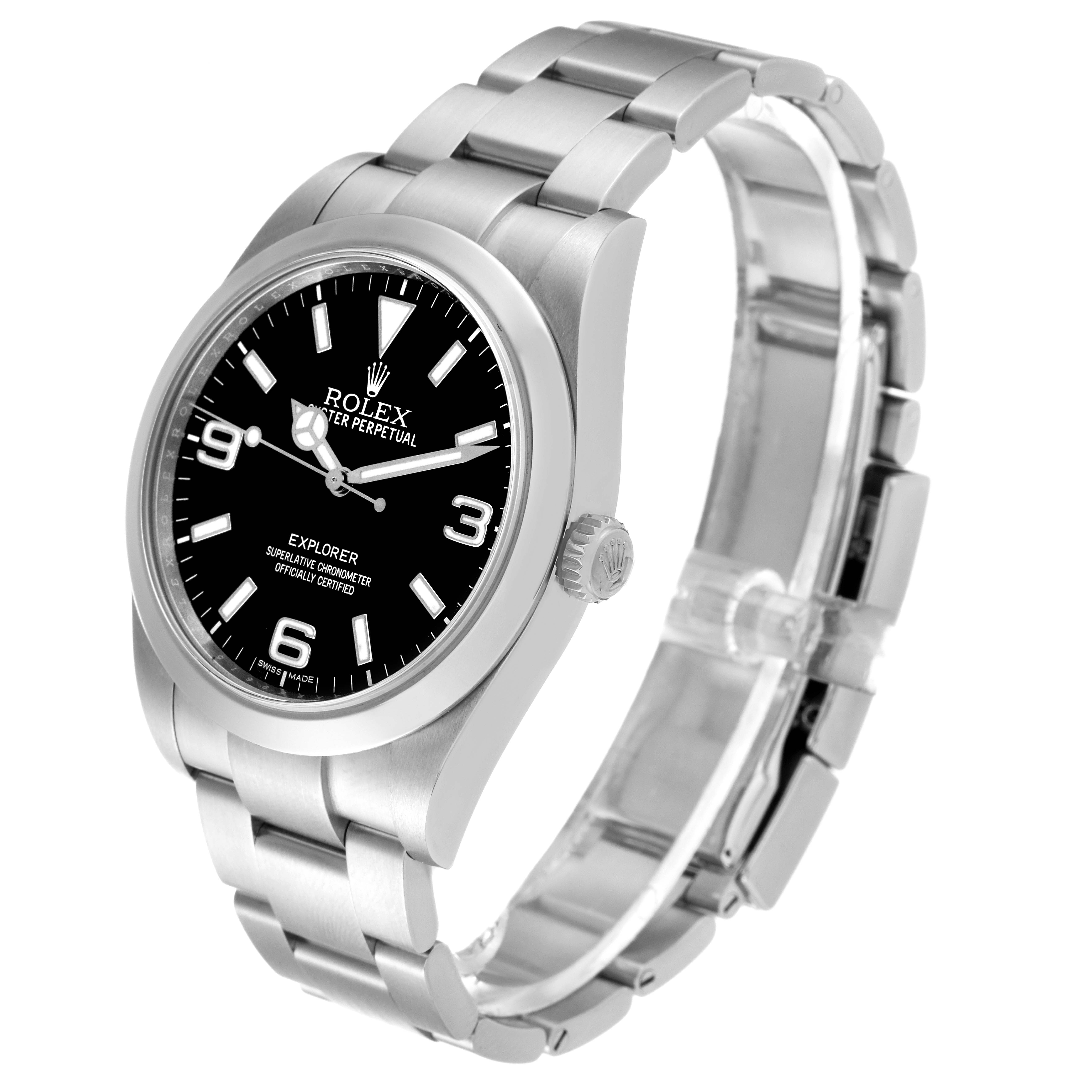 The image shows a side angle of the Rolex Explorer 214270 Men's Stainless Steel Black Dial 214270 Men's Stainless Steel Black Dial watch, highlighting the crown, face, and part of the bracelet.