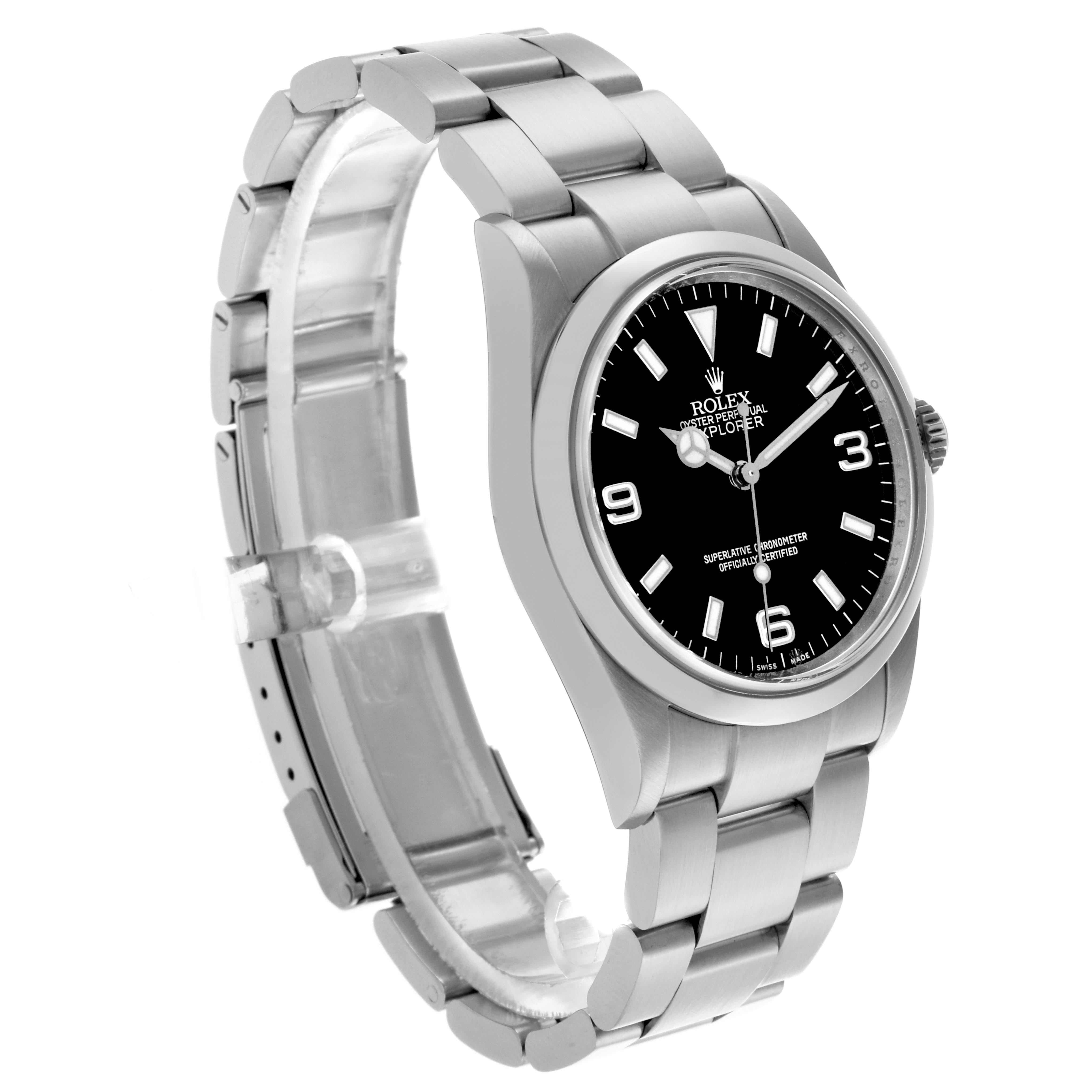 The Rolex Explorer 114270 Men's Stainless Steel Black Dial 114270 Men's Stainless Steel Black Dial watch is shown at a slight angle, displaying the dial, bezel, crown, bracelet, and clasp.