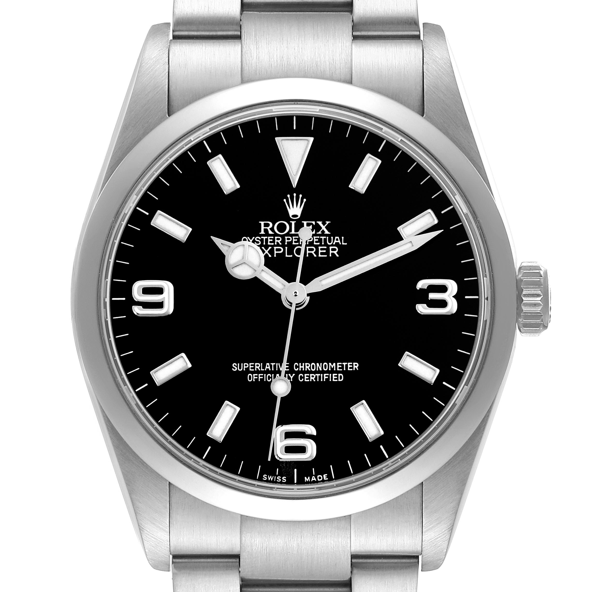 The Rolex Explorer 114270 Men's Stainless Steel Black Dial 114270 Men's Stainless Steel Black Dial watch is shown from the front, highlighting the dial, markers, hands, and part of the bracelet.