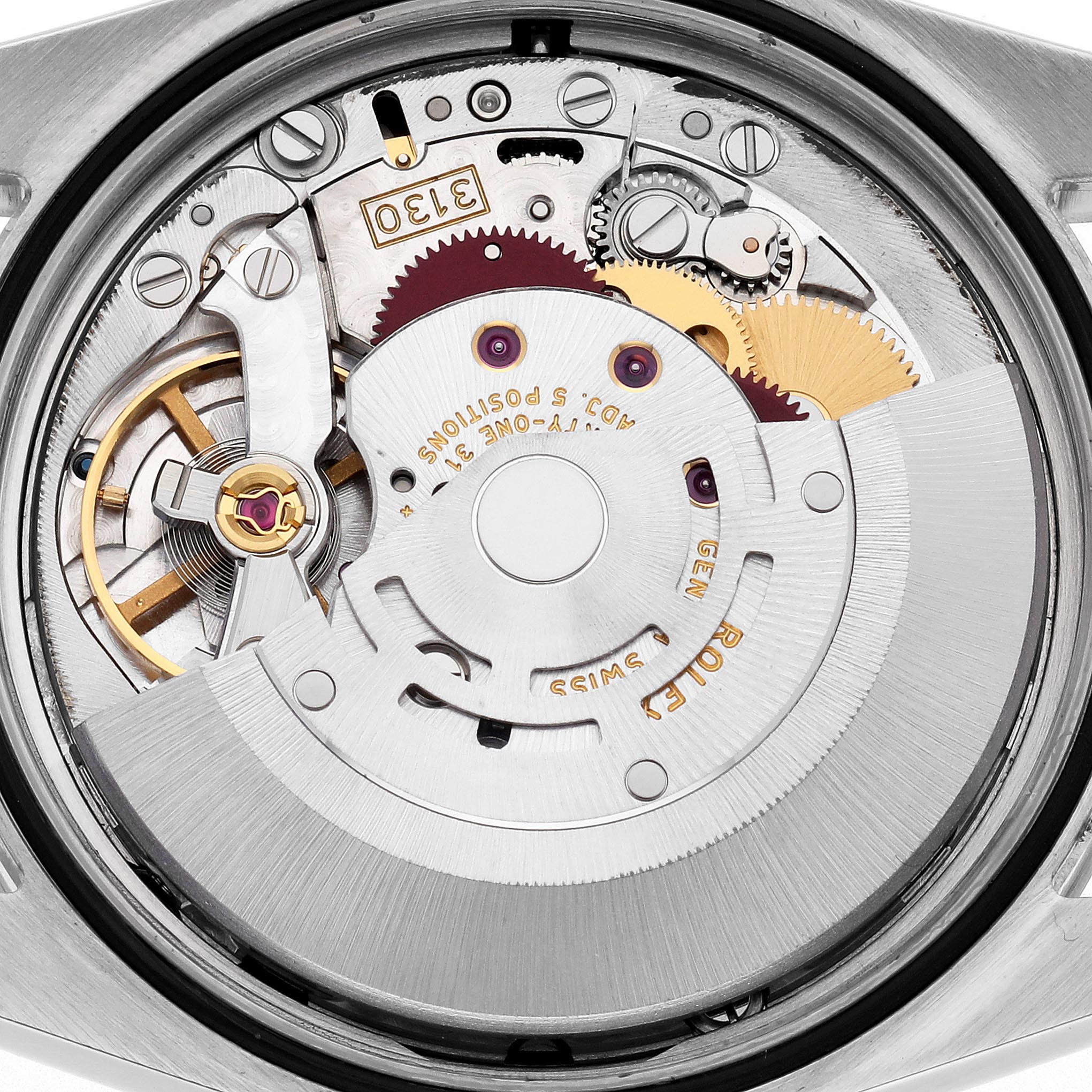 The image shows the inner movement of a Rolex Explorer 114270 Men's Stainless Steel Black Dial 114270 Men's Stainless Steel Black Dial watch from a top-down angle, highlighting gears and intricate components.