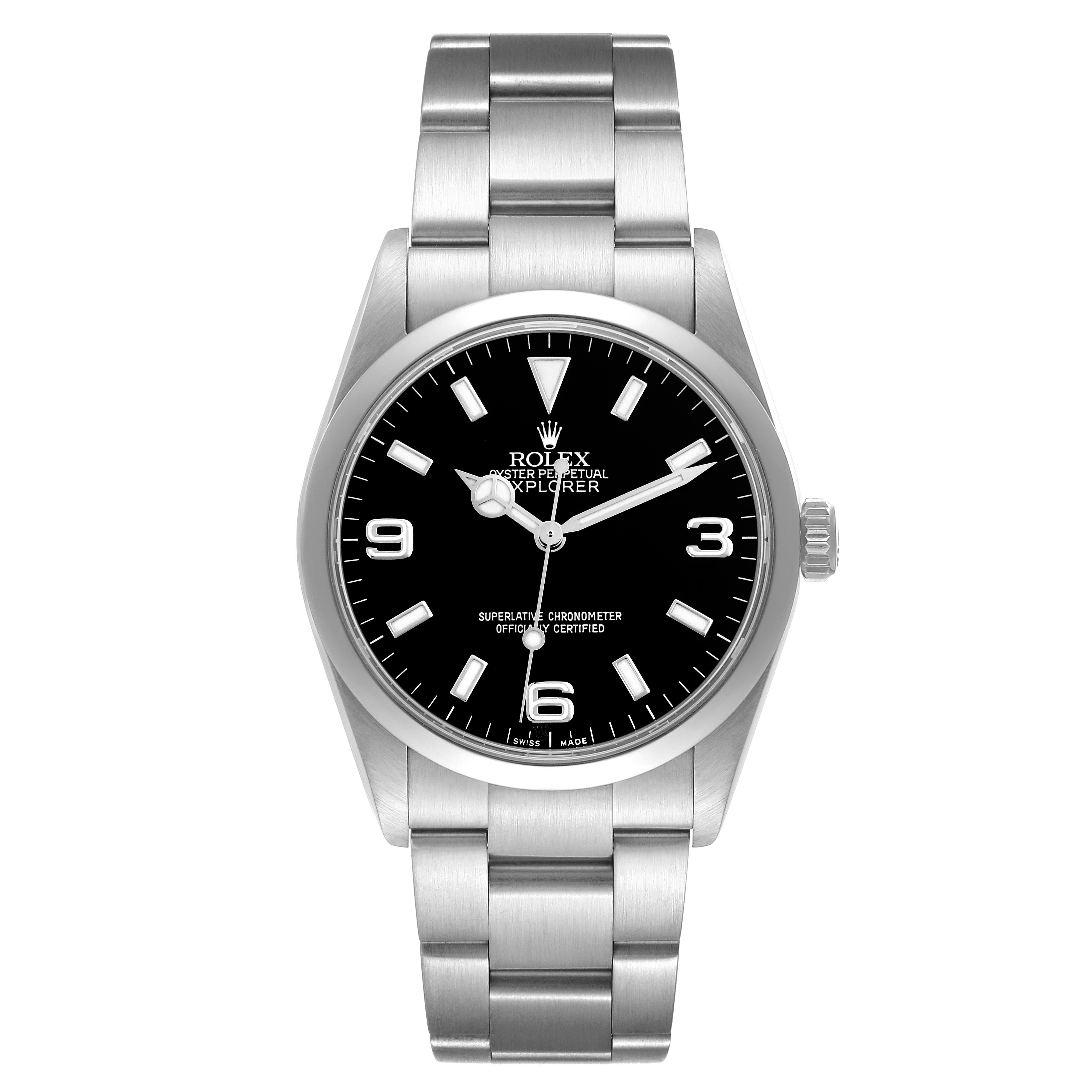 The Rolex Explorer 114270 Men's Stainless Steel Black Dial 114270 Men's Stainless Steel Black Dial watch is shown from a front angle, displaying the dial, bezel, crown, and full bracelet.