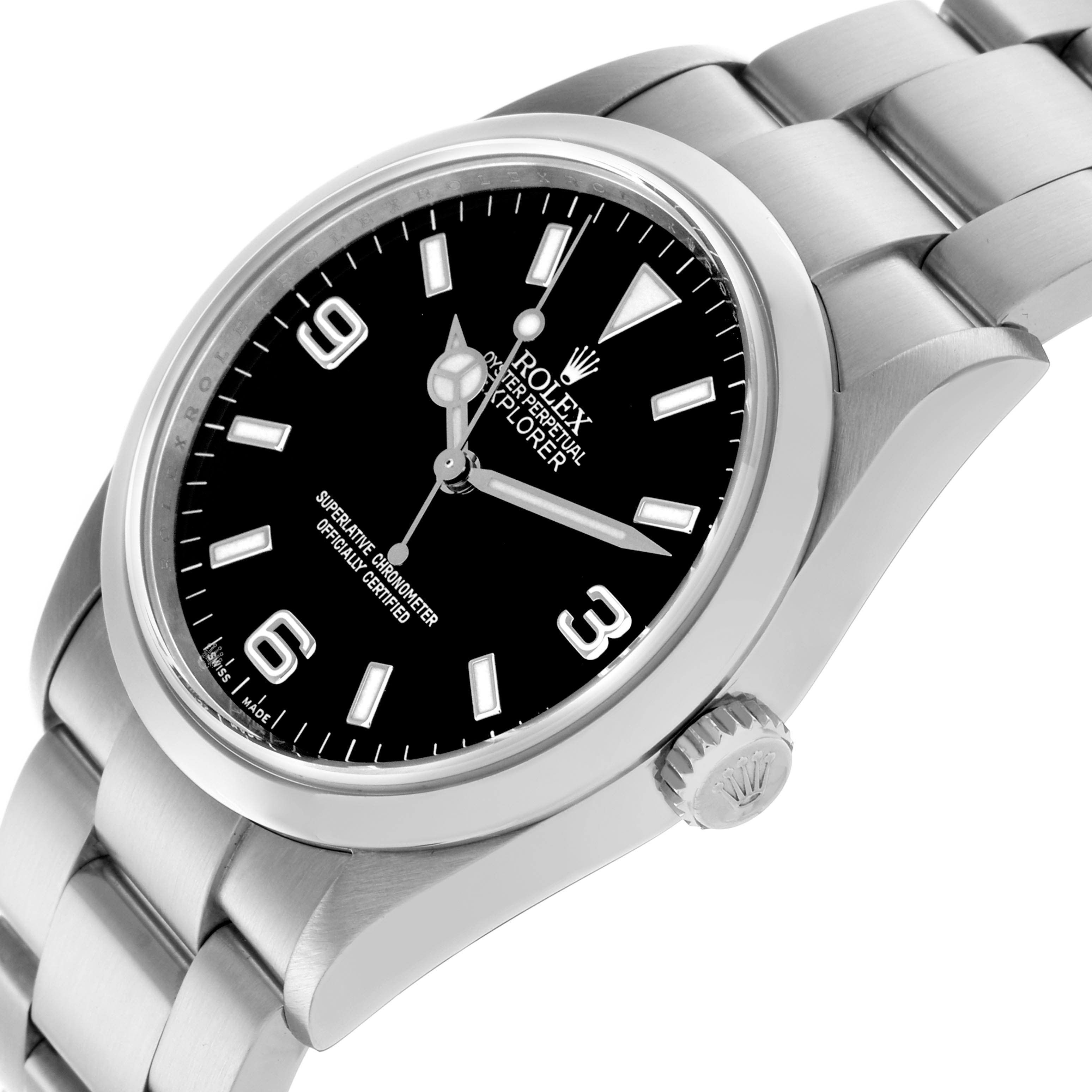 The Rolex Explorer 114270 Men's Stainless Steel Black Dial 114270 Men's Stainless Steel Black Dial watch is shown at an angled view, displaying the face, bezel, crown, and part of the bracelet.