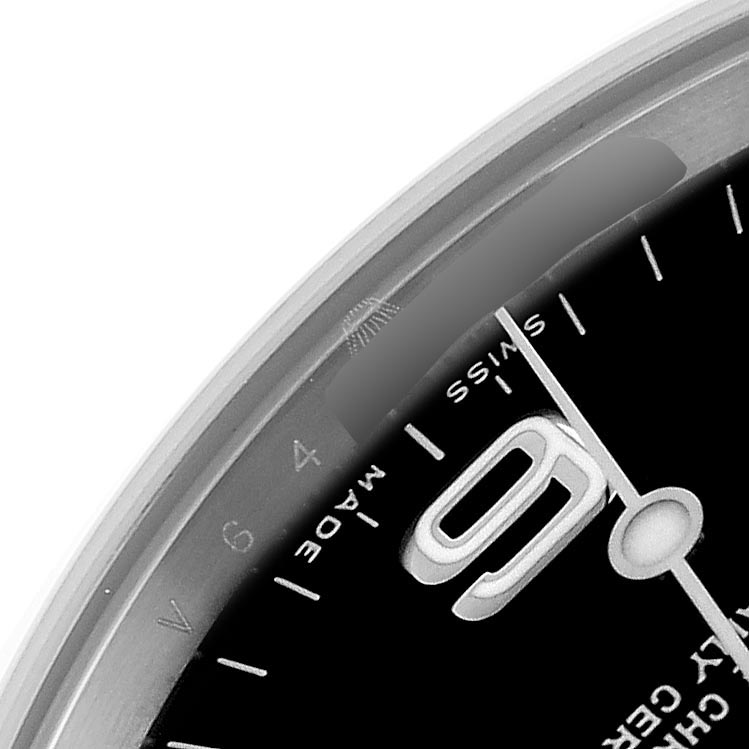The image shows a close-up angle of the dial and hands of a Rolex Explorer 114270 Men's Stainless Steel Black Dial 114270 Men's Stainless Steel Black Dial watch, highlighting the markers and lettering.