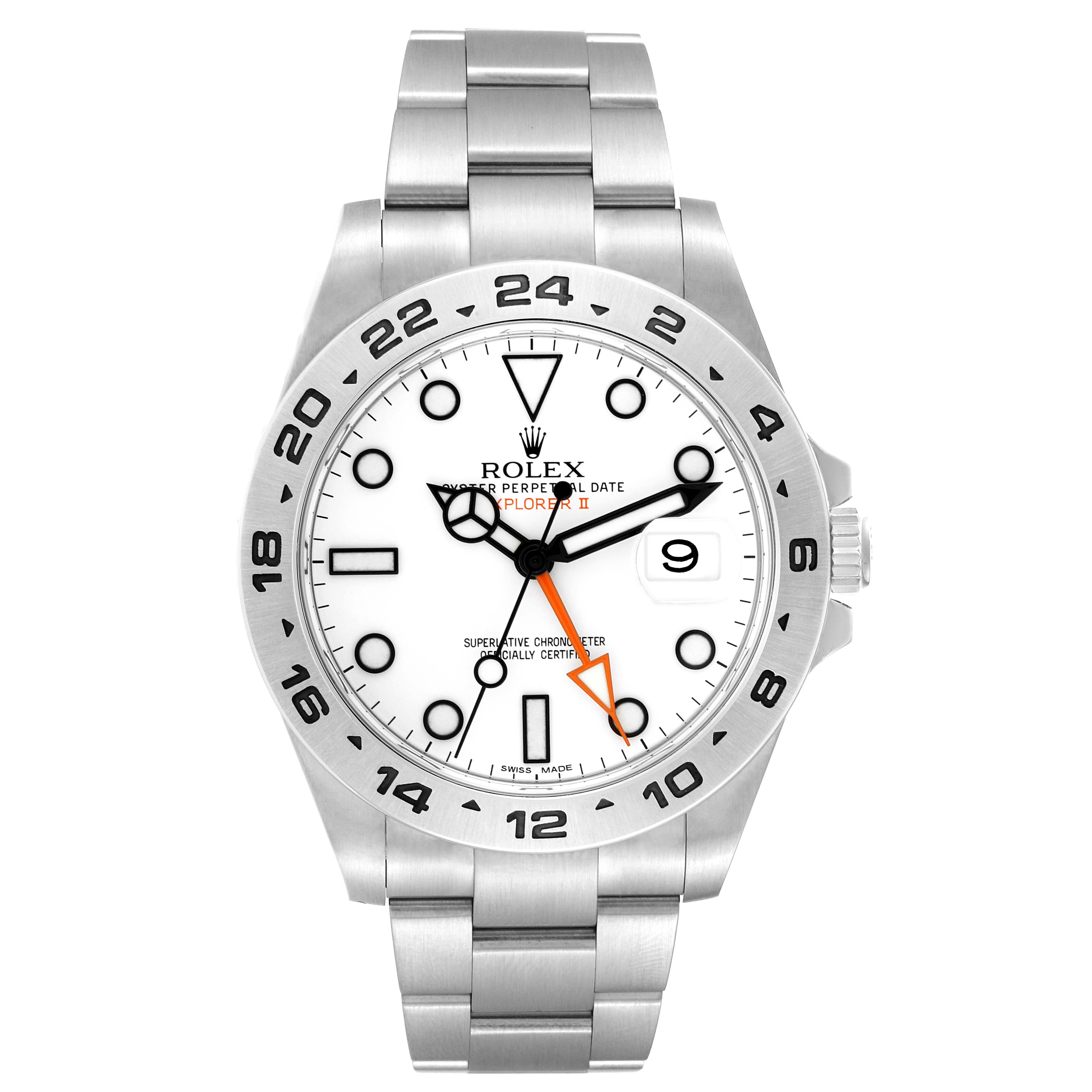 This image shows a front view of the Rolex Explorer 216570 Men's Stainless Steel White Dial 216570 Men's Stainless Steel White Dial watch, displaying the dial, hands, bezel, and bracelet.