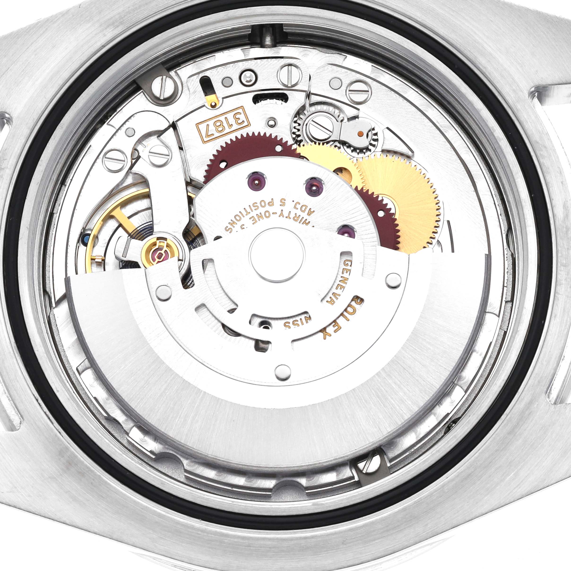 This image shows a close-up view of the movement and internal mechanisms of the Rolex Explorer 216570 Men's Stainless Steel White Dial 216570 Men's Stainless Steel White Dial watch model.