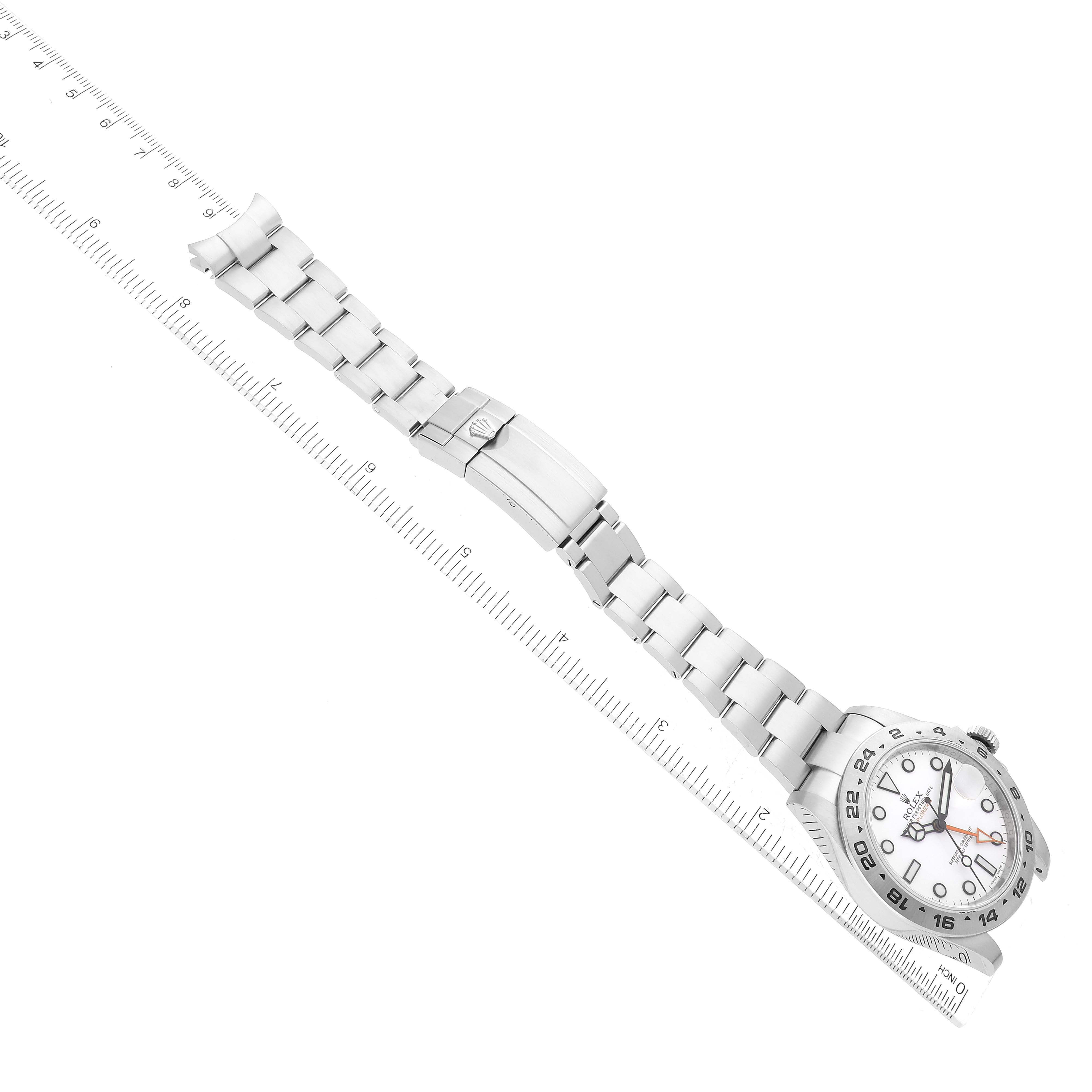 The image shows a top-down view of a Rolex Explorer 216570 Men's Stainless Steel White Dial 216570 Men's Stainless Steel White Dial watch, displaying the face, bezel, and the entire bracelet.