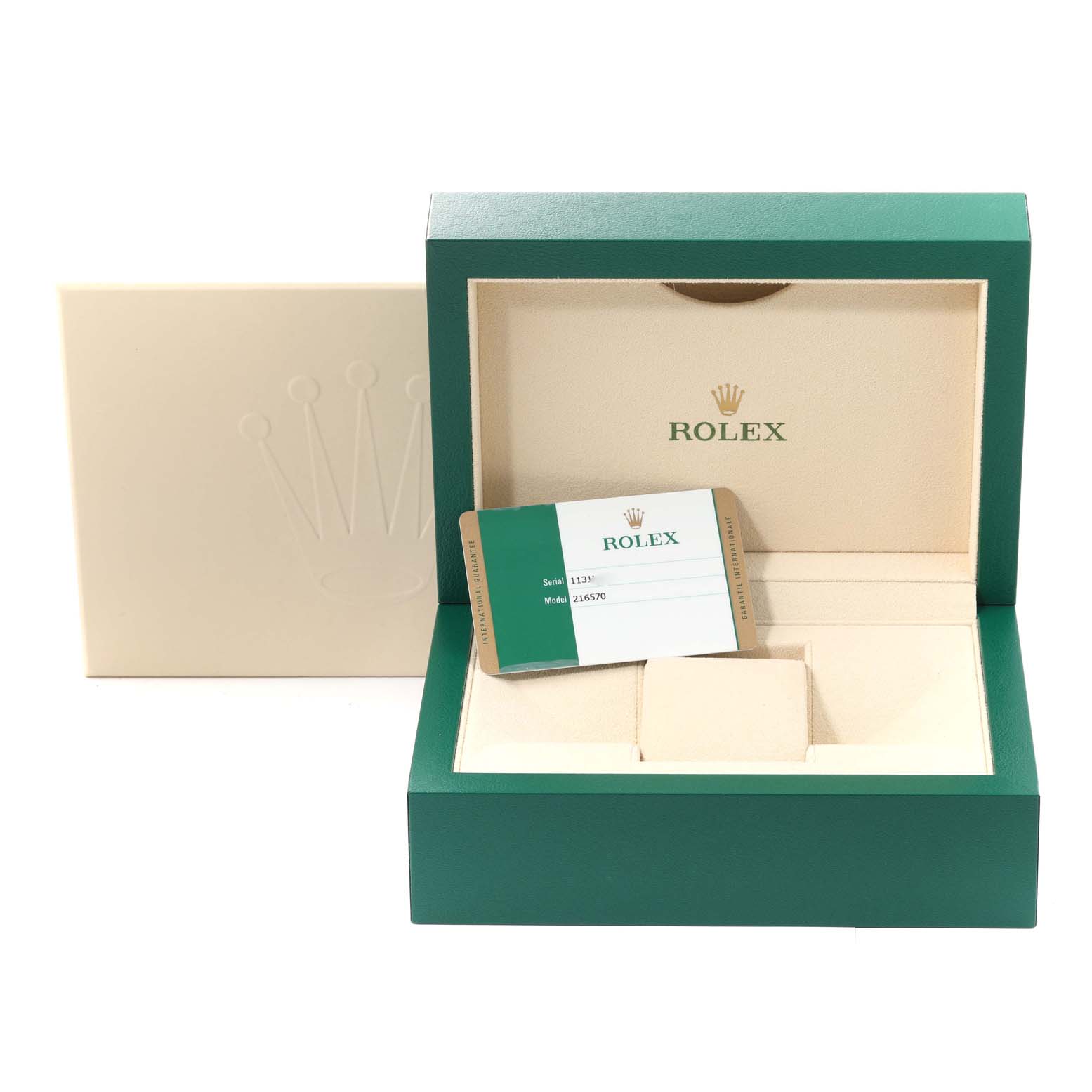 This image shows an open Rolex Explorer 216570 Men's Stainless Steel White Dial 216570 Men's Stainless Steel White Dial model box and case, with a serial and model information card inside.