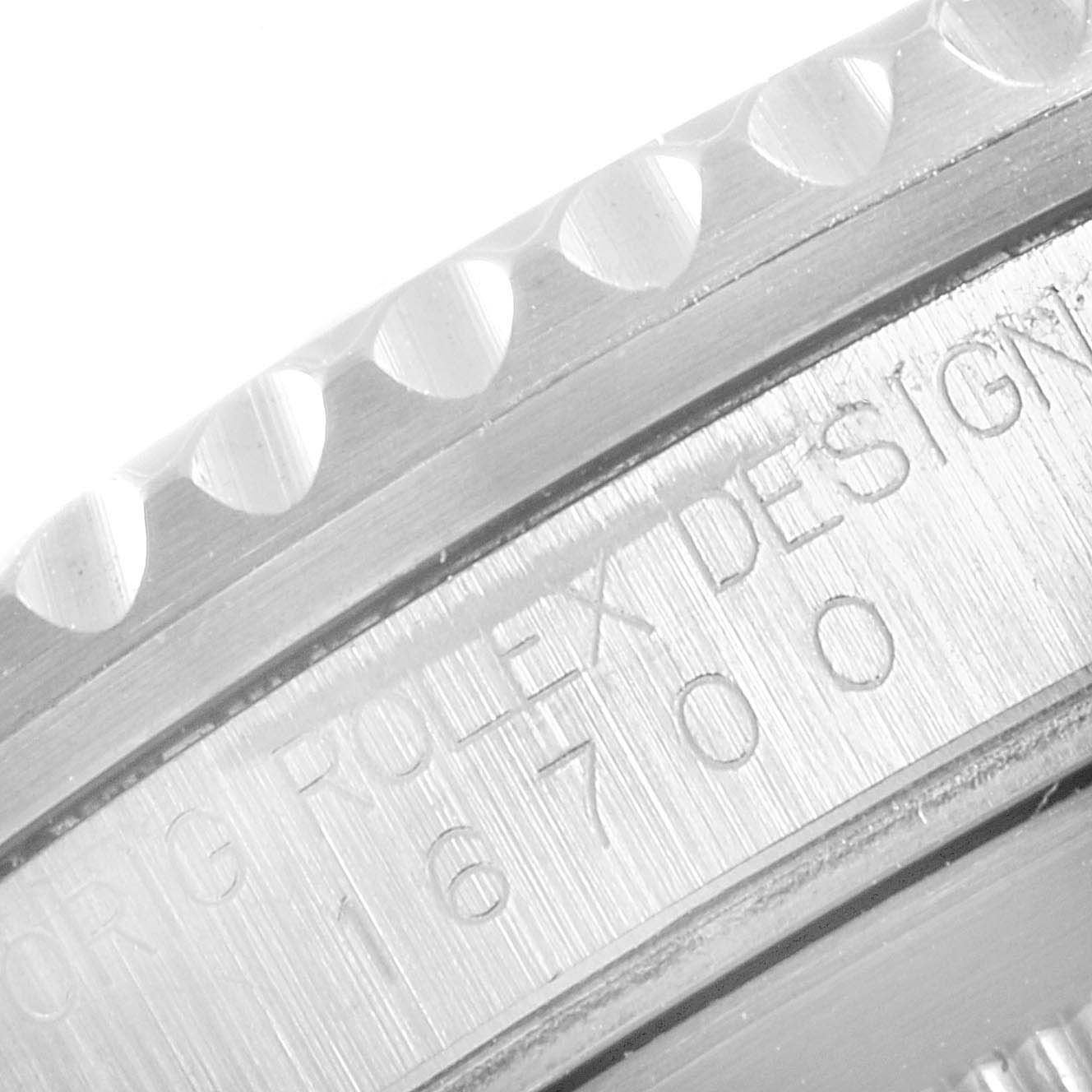 The image shows a close-up of the case side and engraved model number of the Rolex GMT-Master 16700 Men
s Stainless Steel Black Dial 16700 Men
s Stainless Steel Black Dial watch.