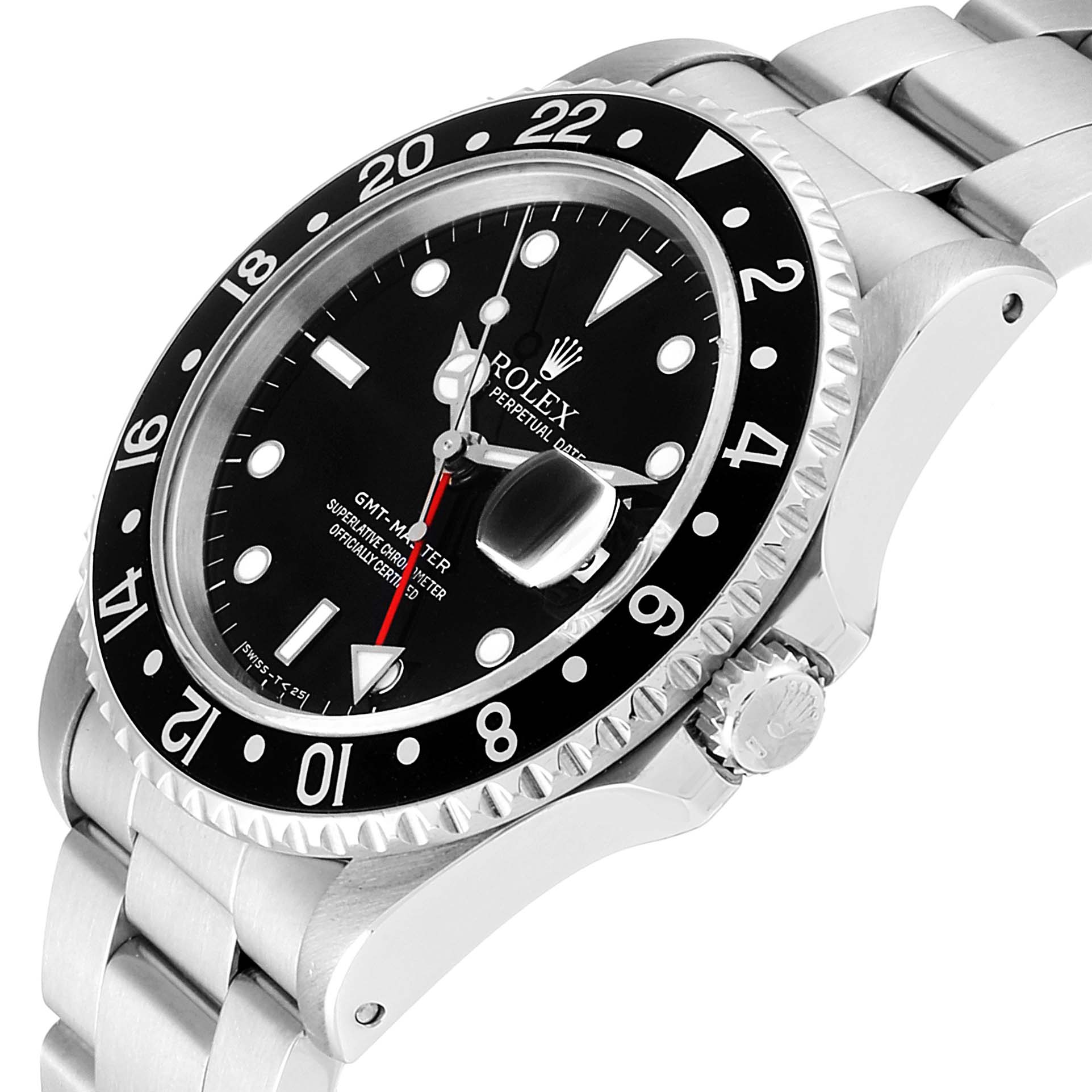 The image shows a side angle of a Rolex GMT-Master 16700 Men
s Stainless Steel Black Dial 16700 Men
s Stainless Steel Black Dial, highlighting the bezel, dial, crown, and bracelet.