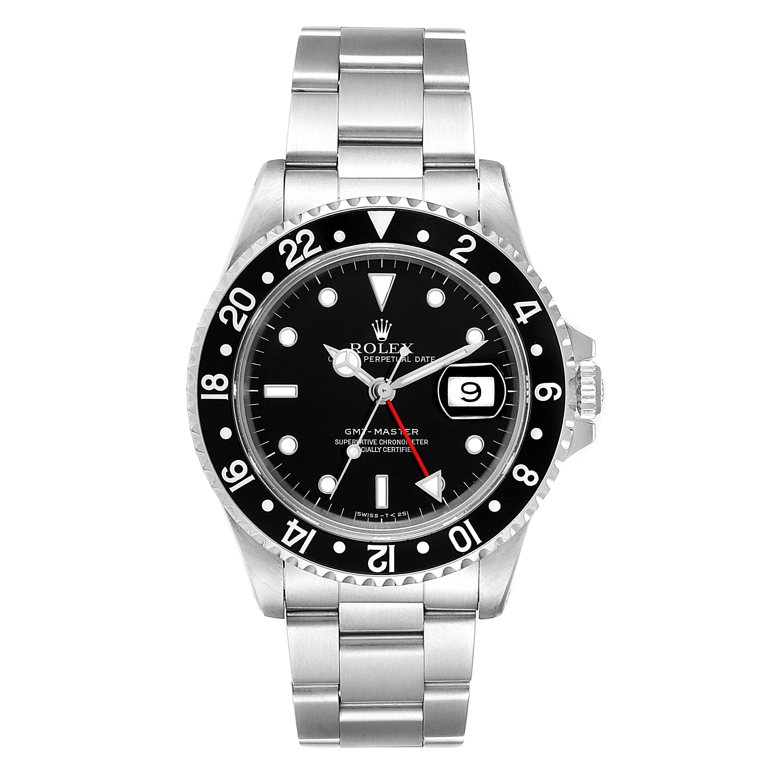 The Rolex GMT-Master 16700 Men
s Stainless Steel Black Dial 16700 Men
s Stainless Steel Black Dial watch is shown from a front angle, highlighting the face, bezel, bracelet, and crown.