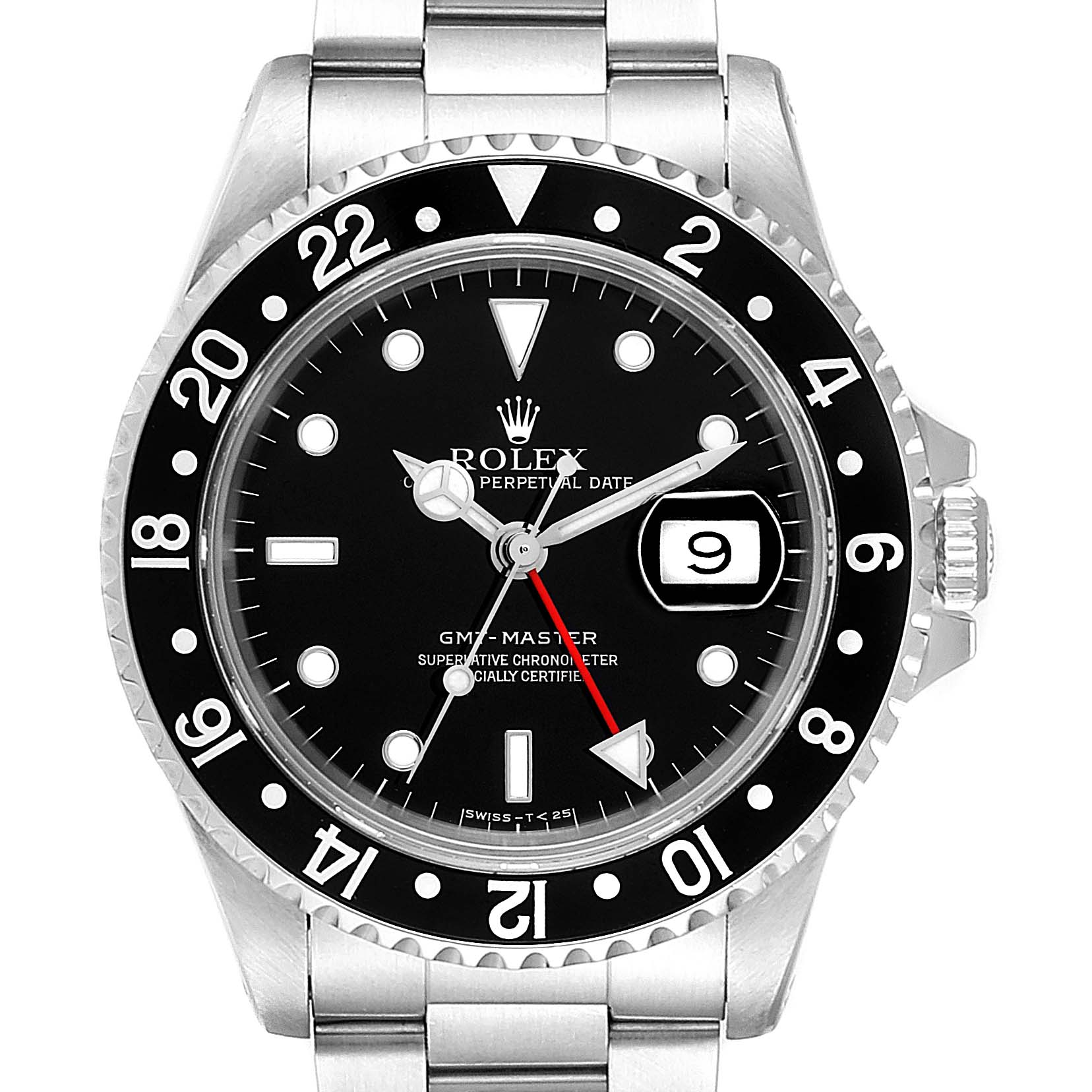 This image shows the front view of a Rolex GMT-Master 16700 Men
s Stainless Steel Black Dial 16700 Men
s Stainless Steel Black Dial watch, including the dial, bezel, crown, date window, and bracelet.