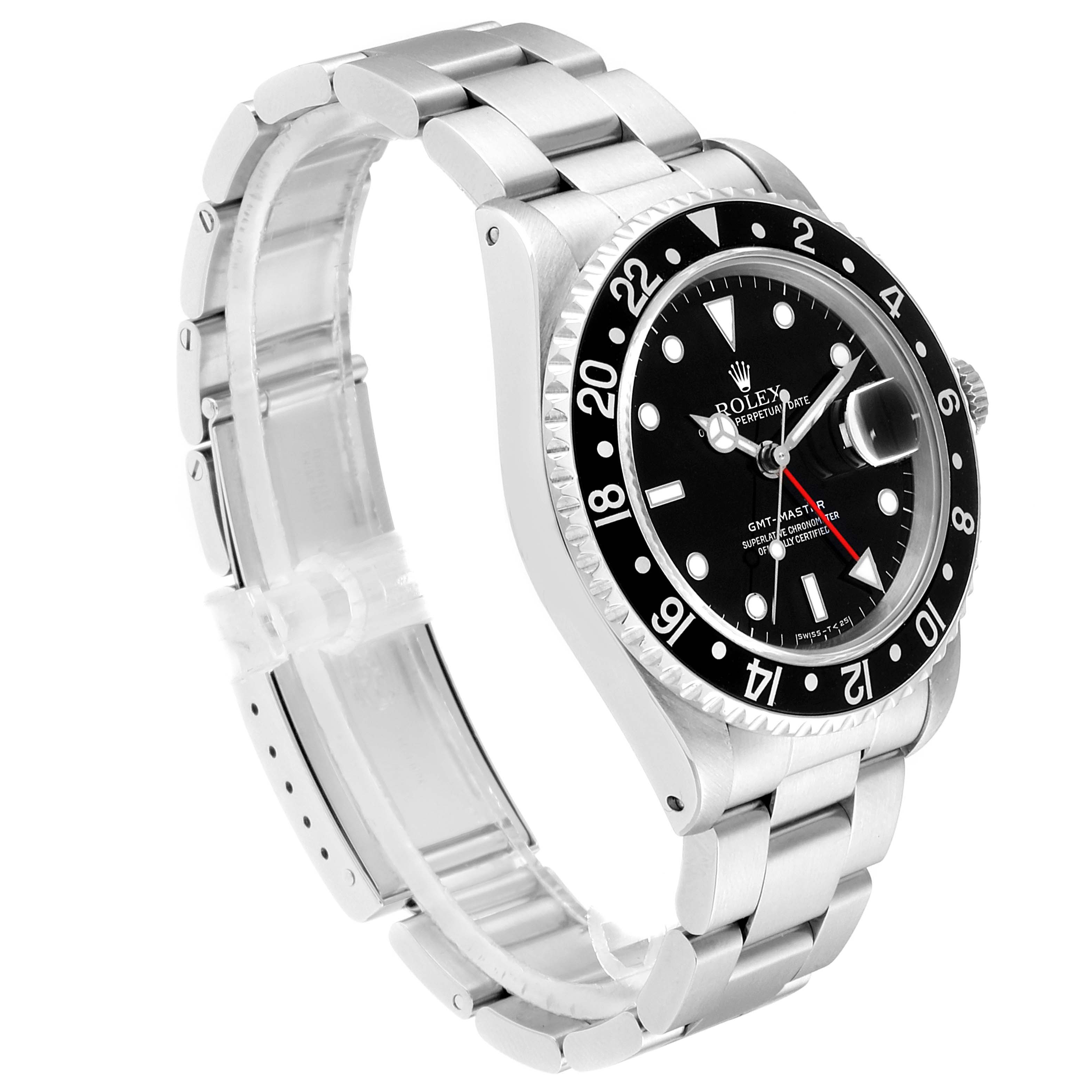 This is a side-angle view of a Rolex GMT-Master 16700 Men
s Stainless Steel Black Dial 16700 Men
s Stainless Steel Black Dial watch, showing its face, bezel, crown, and bracelet.