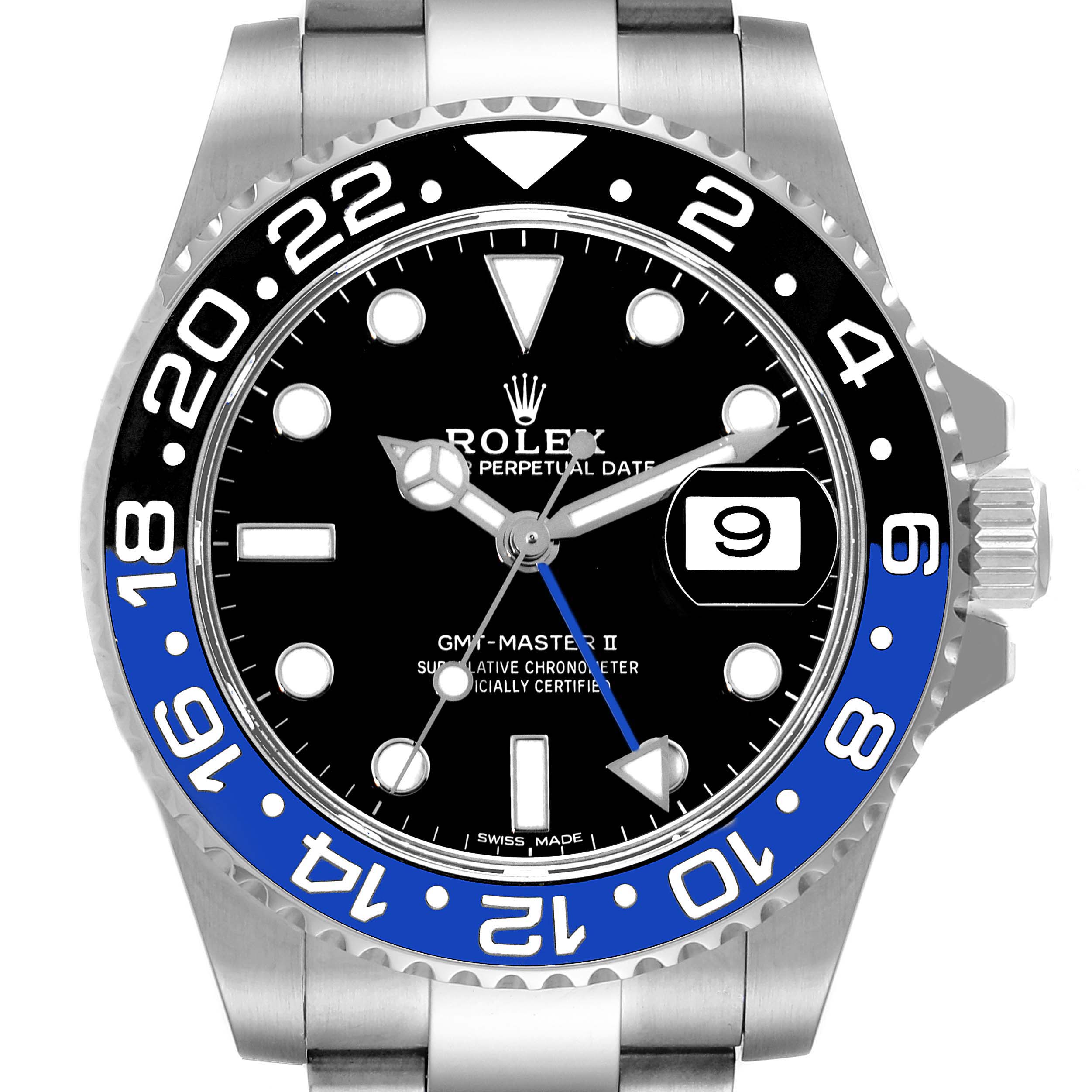 This Rolex GMT-Master 116710 BLNR Men
s Stainless Steel Black Dial 116710 BLNR Men
s Stainless Steel Black Dial II watch is shown from a front angle, highlighting the bezel, face, hands, date display, and part of the bracelet.