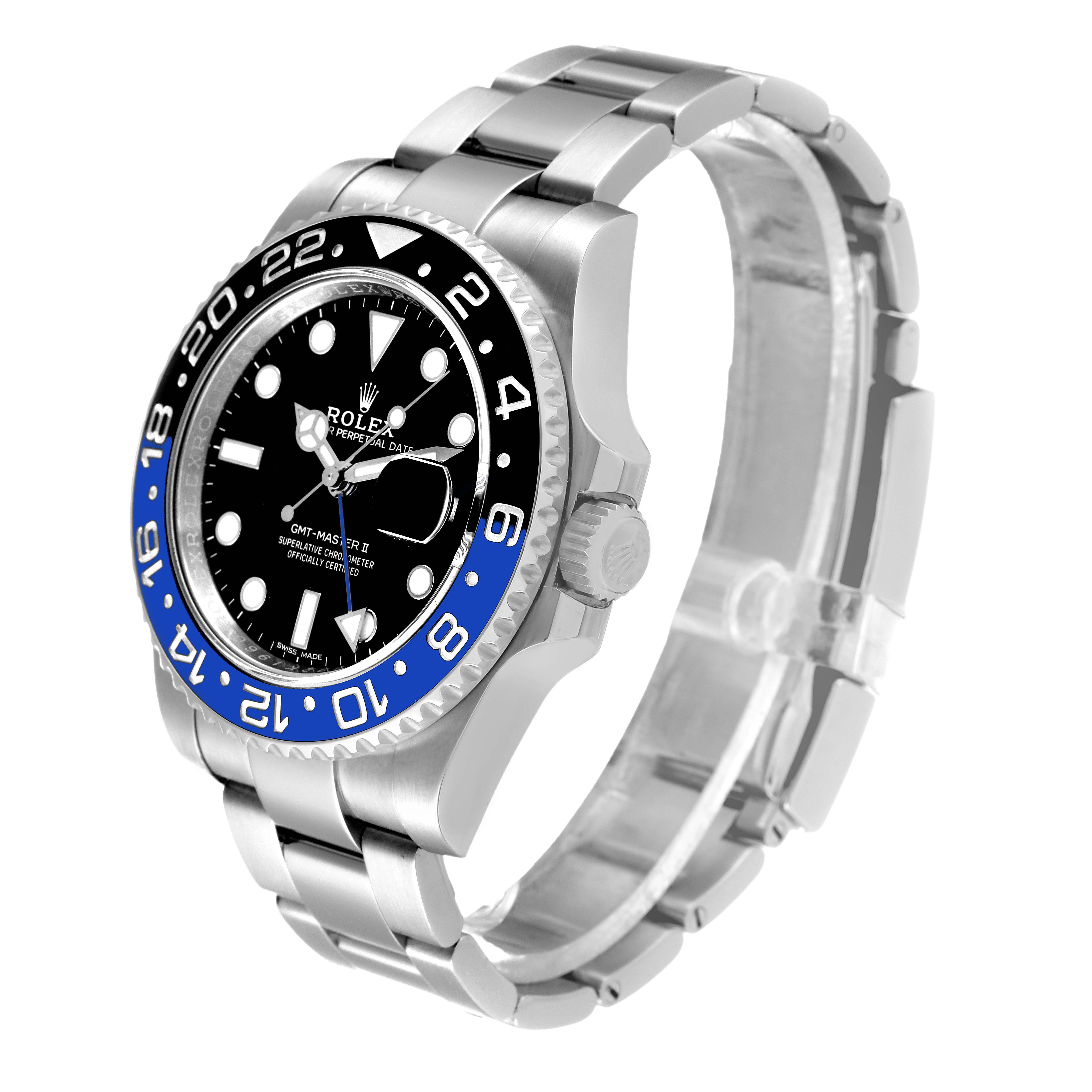 The image shows a Rolex GMT-Master 116710 BLNR Men
s Stainless Steel Black Dial 116710 BLNR Men
s Stainless Steel Black Dial watch from an angled side view, featuring its bezel, dial, and stainless steel bracelet.