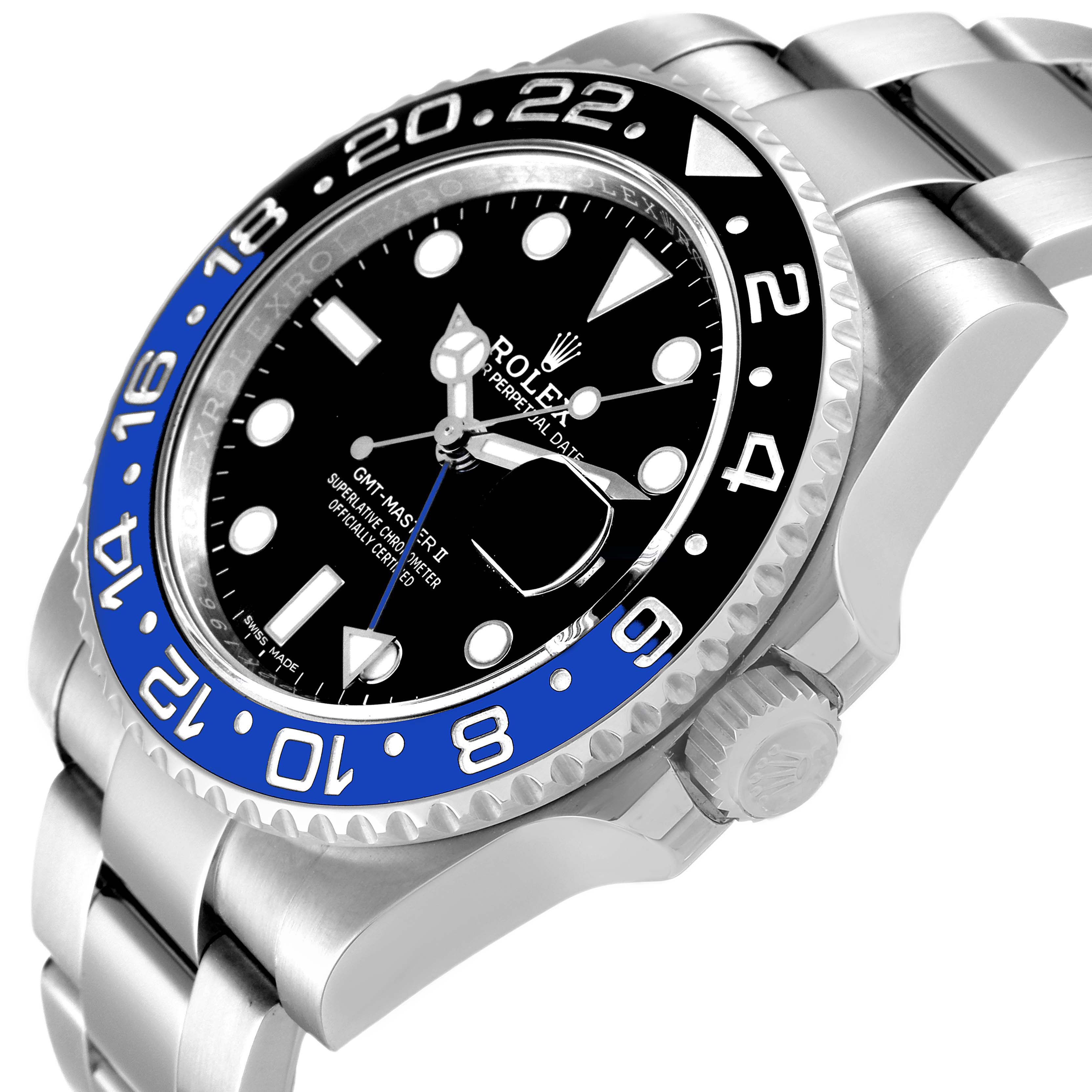 This image shows a tilted view of the Rolex GMT-Master 116710 BLNR Men
s Stainless Steel Black Dial 116710 BLNR Men
s Stainless Steel Black Dial watch displaying its face, bezel, crown, and part of the bracelet.