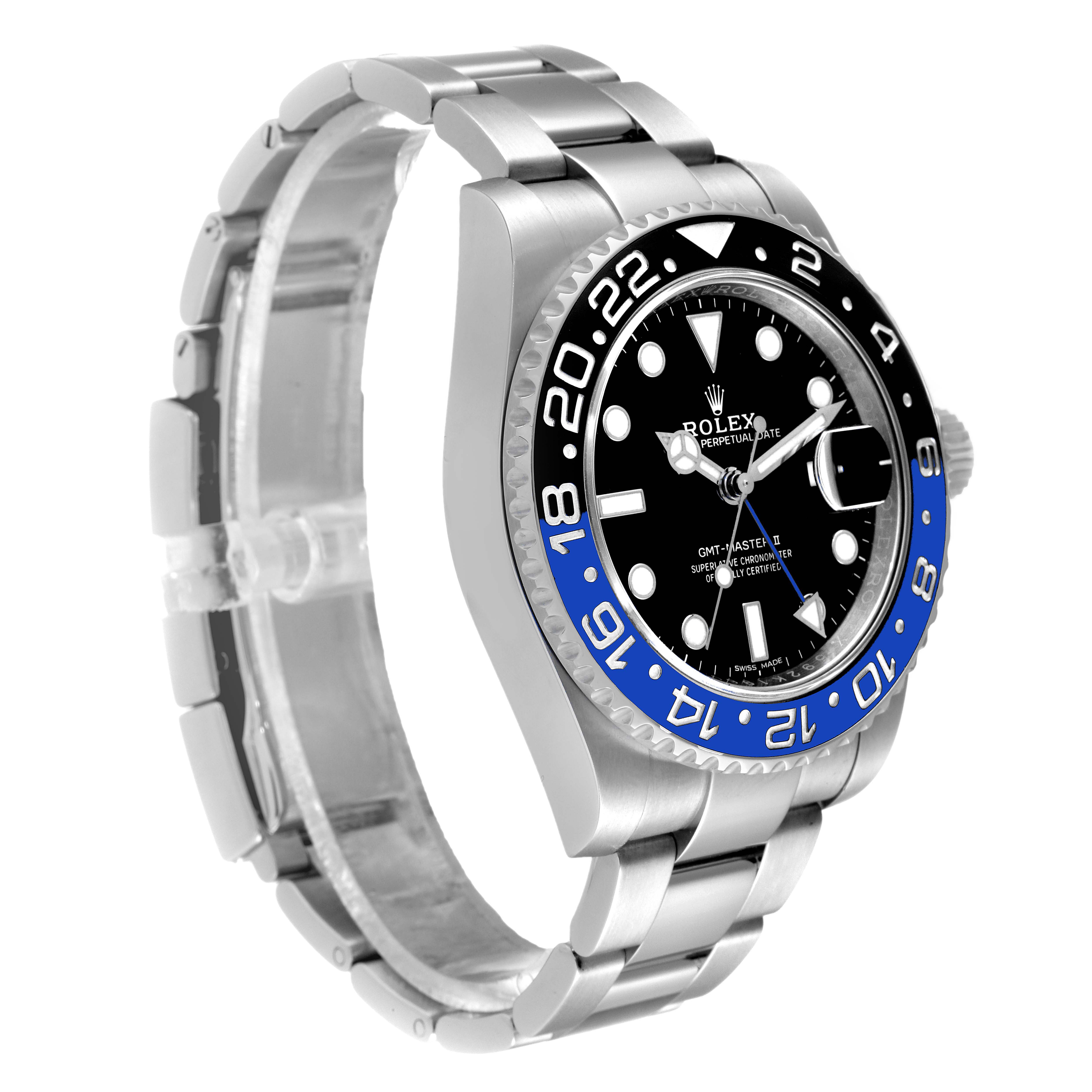 The Rolex GMT-Master 116710 BLNR Men
s Stainless Steel Black Dial 116710 BLNR Men
s Stainless Steel Black Dial watch is shown at an oblique angle, displaying the bezel, dial, case, and bracelet.