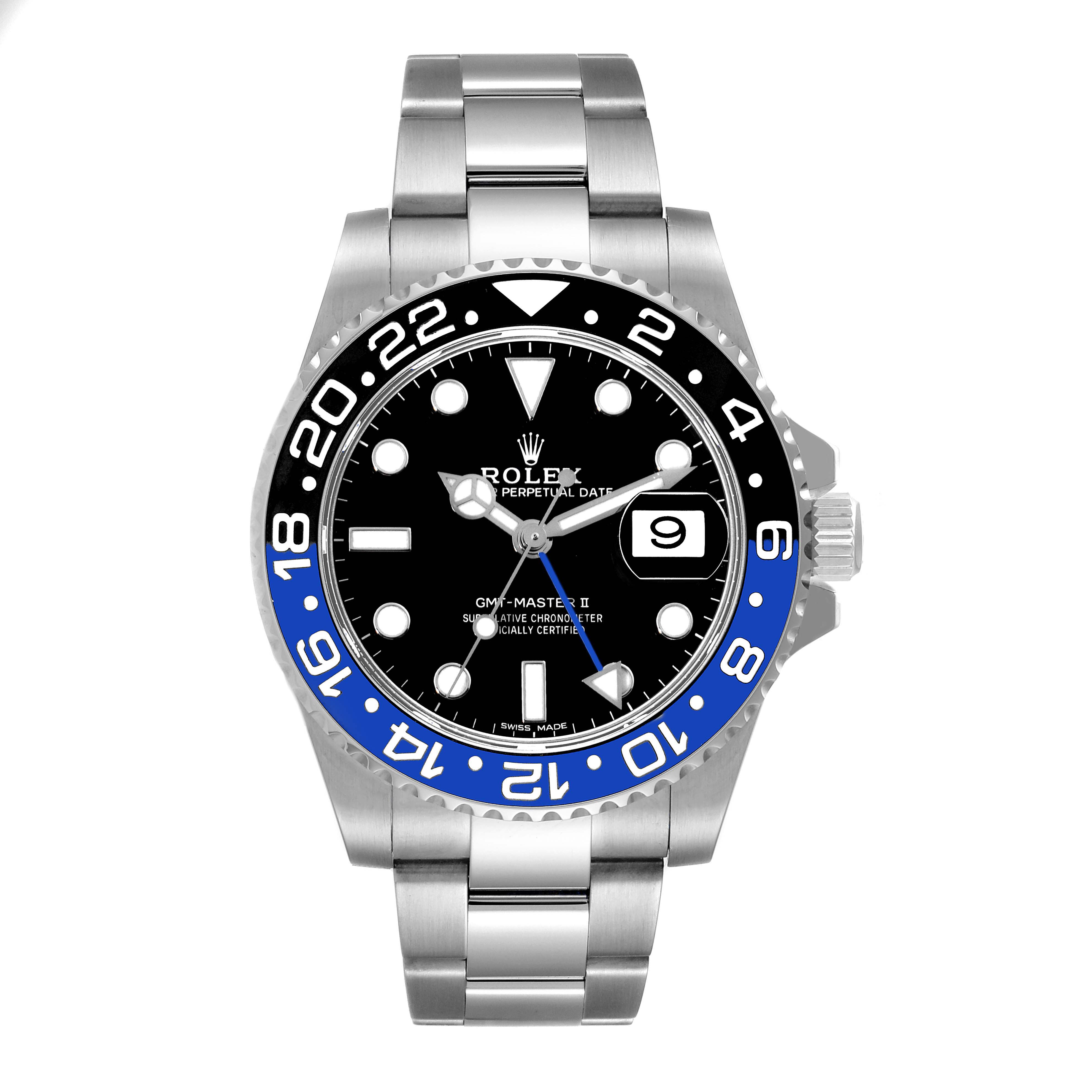 The Rolex GMT-Master 116710 BLNR Men
s Stainless Steel Black Dial 116710 BLNR Men
s Stainless Steel Black Dial watch is shown from a front angle, displaying its blue and black bezel, dial, date window, and stainless steel bracelet.