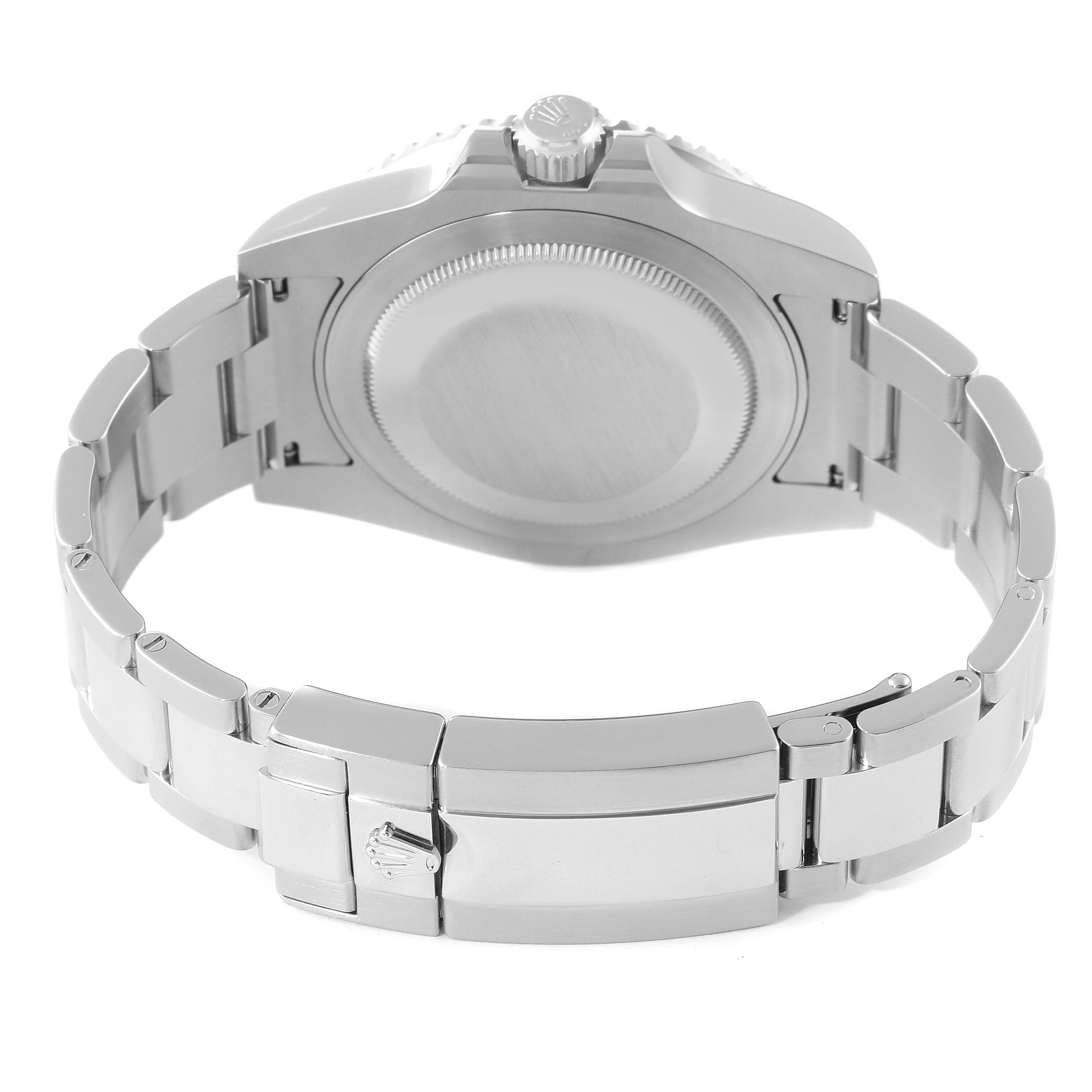 This image shows the backside and clasp of a Rolex GMT-Master 116710 BLNR Men
s Stainless Steel Black Dial 116710 BLNR Men
s Stainless Steel Black Dial watch, highlighting the stainless steel bracelet and case back.