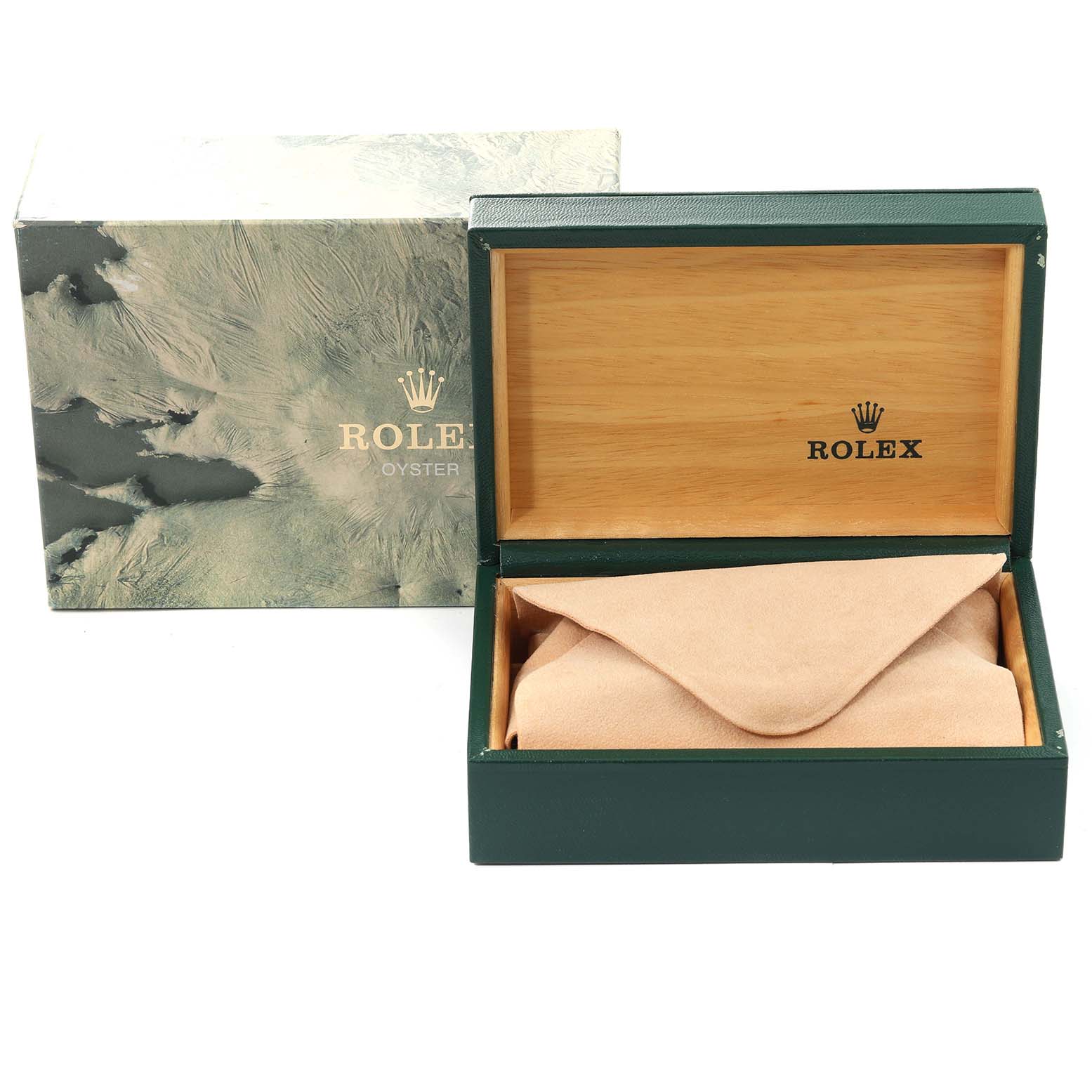 The image shows the packaging for a Rolex GMT-Master 16710 Men
s Stainless Steel Black Dial 16710 Men
s Stainless Steel Black Dial watch, including the outer box and the opened inner wooden box with suede lining.