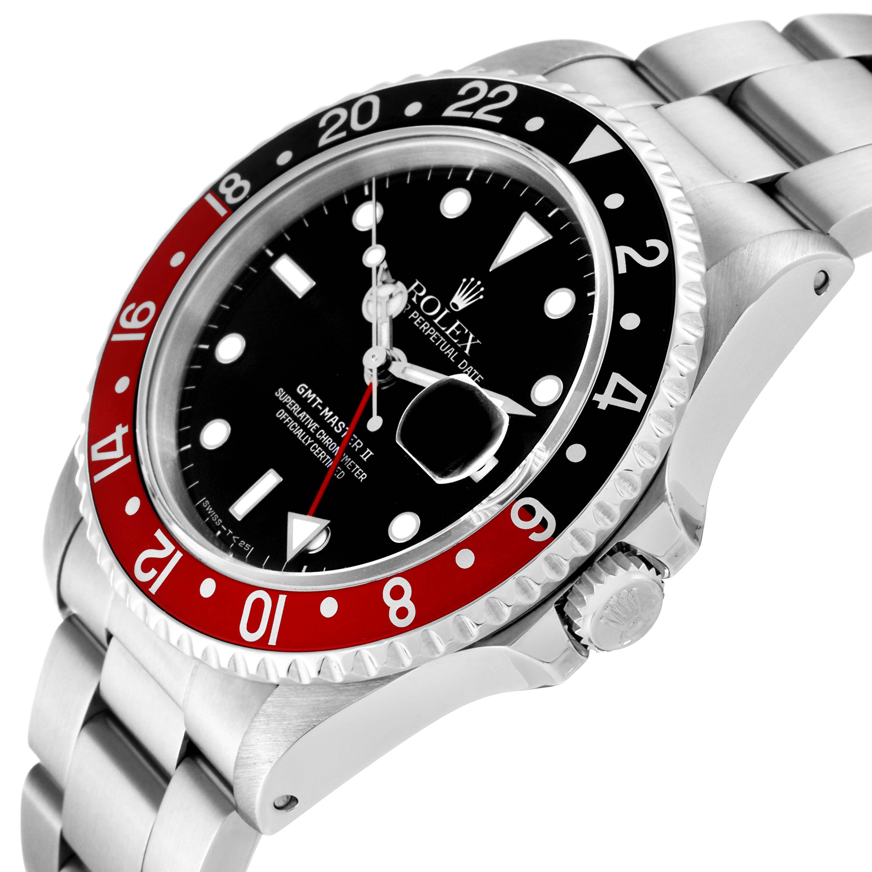 The image shows a Rolex GMT-Master 16710 Men
s Stainless Steel Black Dial 16710 Men
s Stainless Steel Black Dial watch at a three-quarter angle, highlighting its red and black bezel, dial, and bracelet.