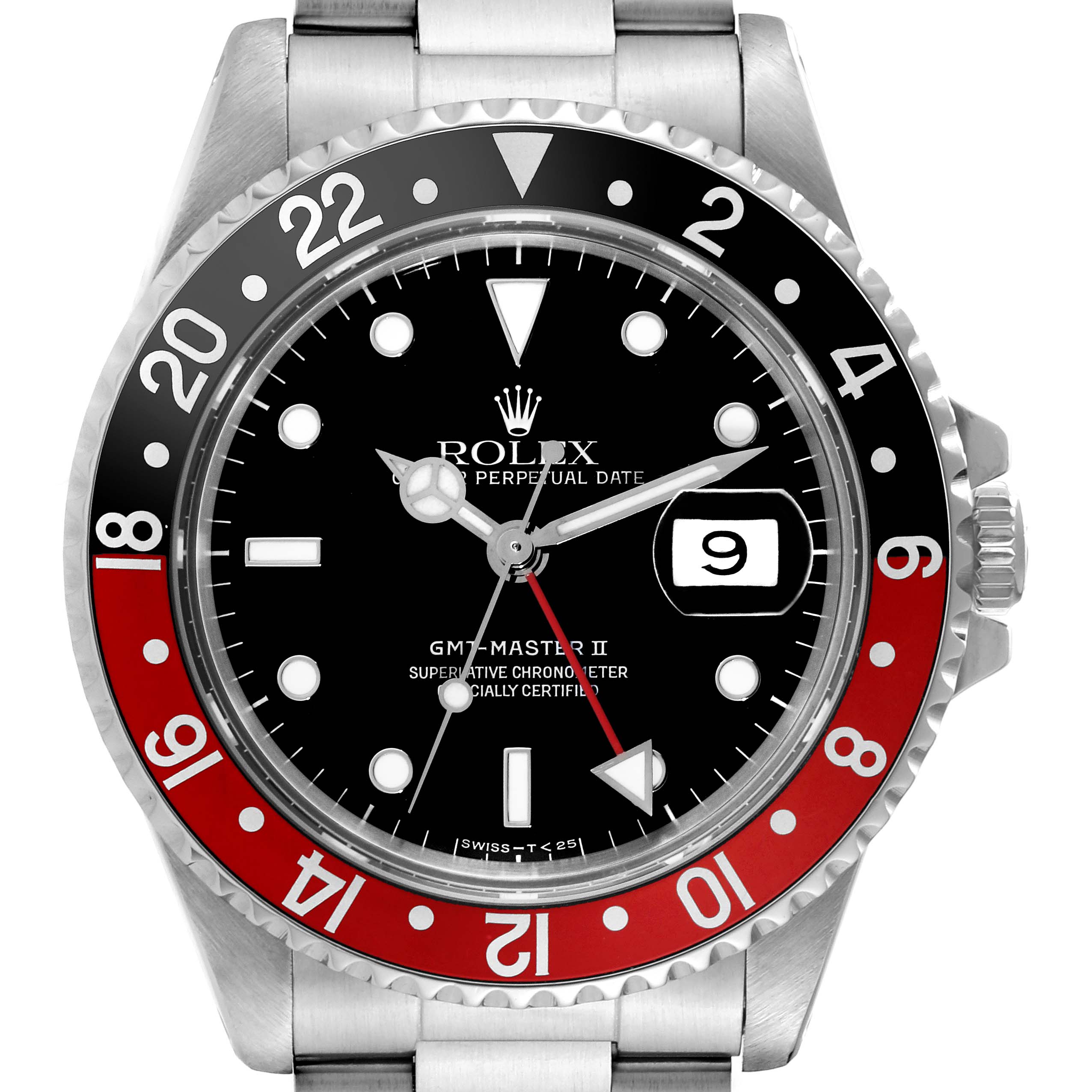 The image shows a front view of the Rolex GMT-Master 16710 Men
s Stainless Steel Black Dial 16710 Men
s Stainless Steel Black Dial II watch, focusing on the bezel, dial, and part of the bracelet.