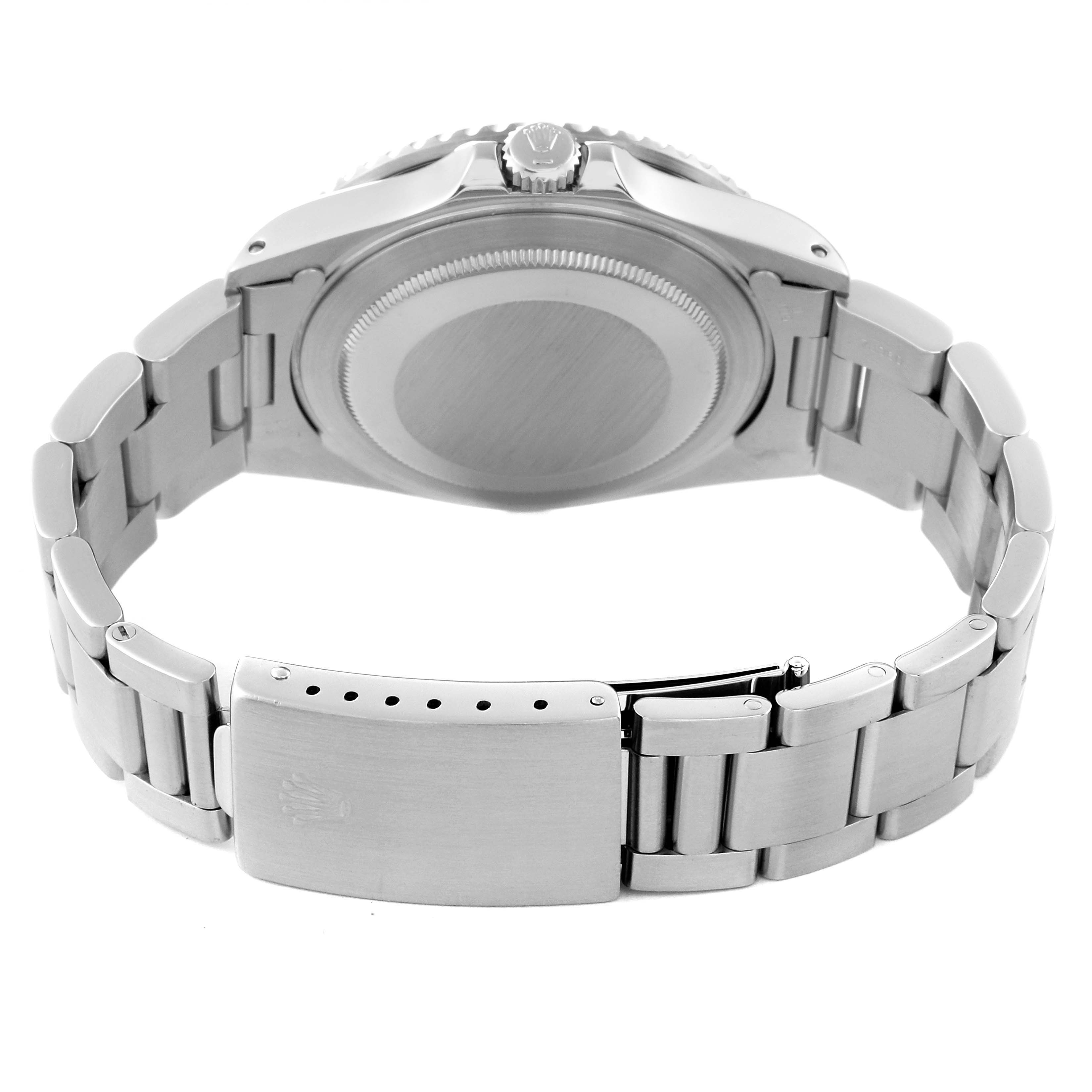 The image shows the back and clasp of a Rolex GMT-Master 16710 Men
s Stainless Steel Black Dial 16710 Men
s Stainless Steel Black Dial watch, highlighting the case back and metal bracelet.