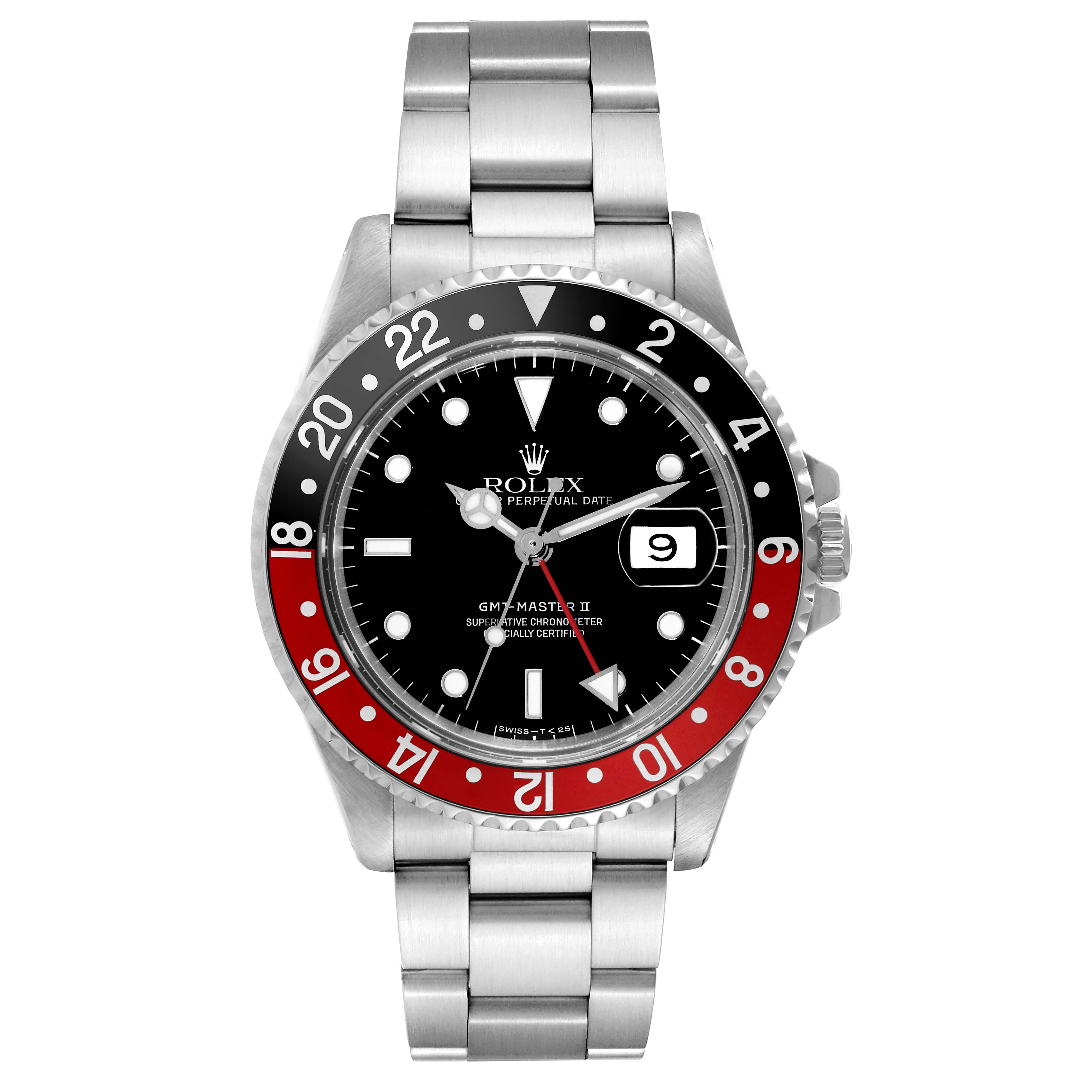 This is a front view of a Rolex GMT-Master 16710 Men
s Stainless Steel Black Dial 16710 Men
s Stainless Steel Black Dial II watch, showing the dial, bezel, and bracelet.