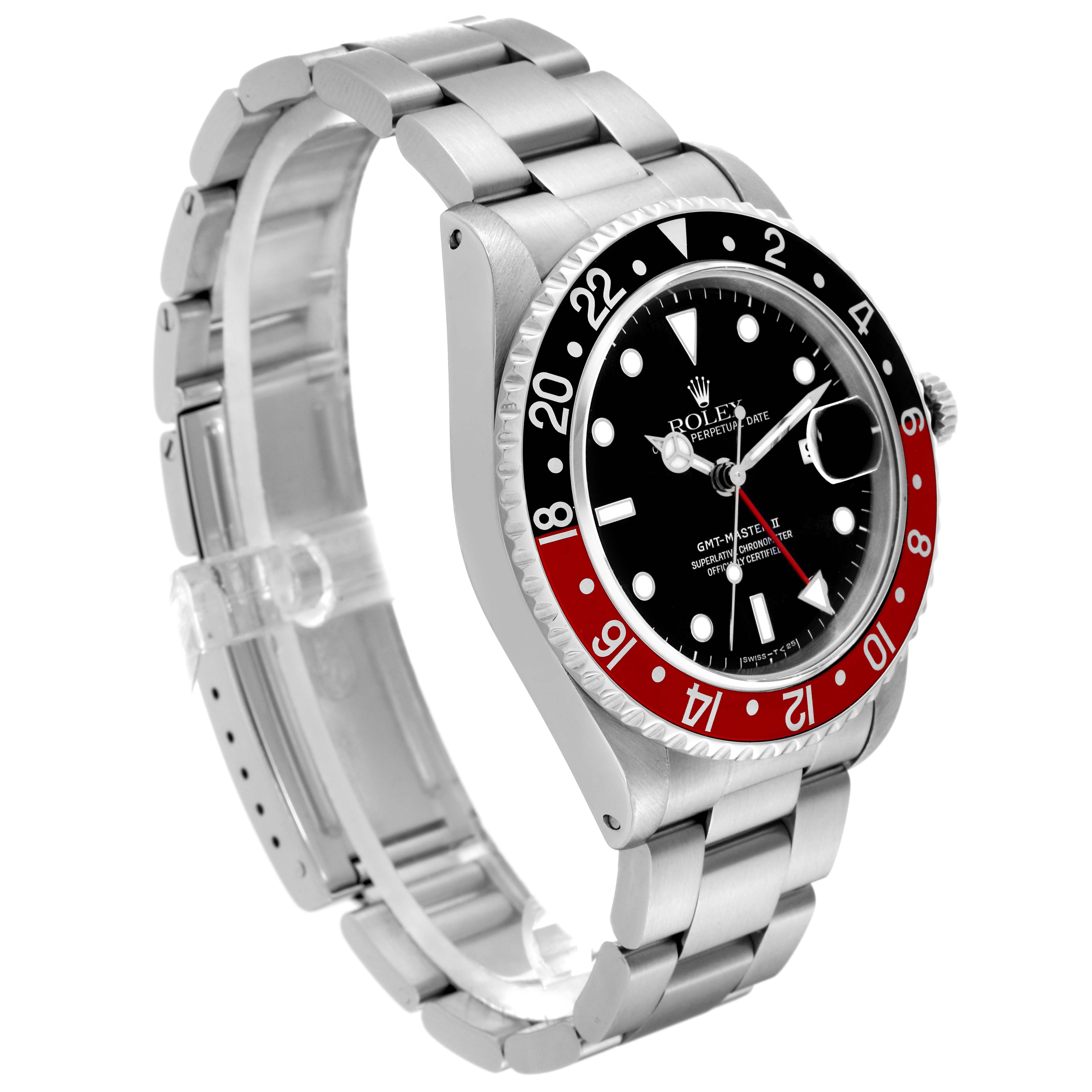 This image shows a Rolex GMT-Master 16710 Men
s Stainless Steel Black Dial 16710 Men
s Stainless Steel Black Dial watch at a three-quarter view, displaying the bezel, dial, and bracelet.