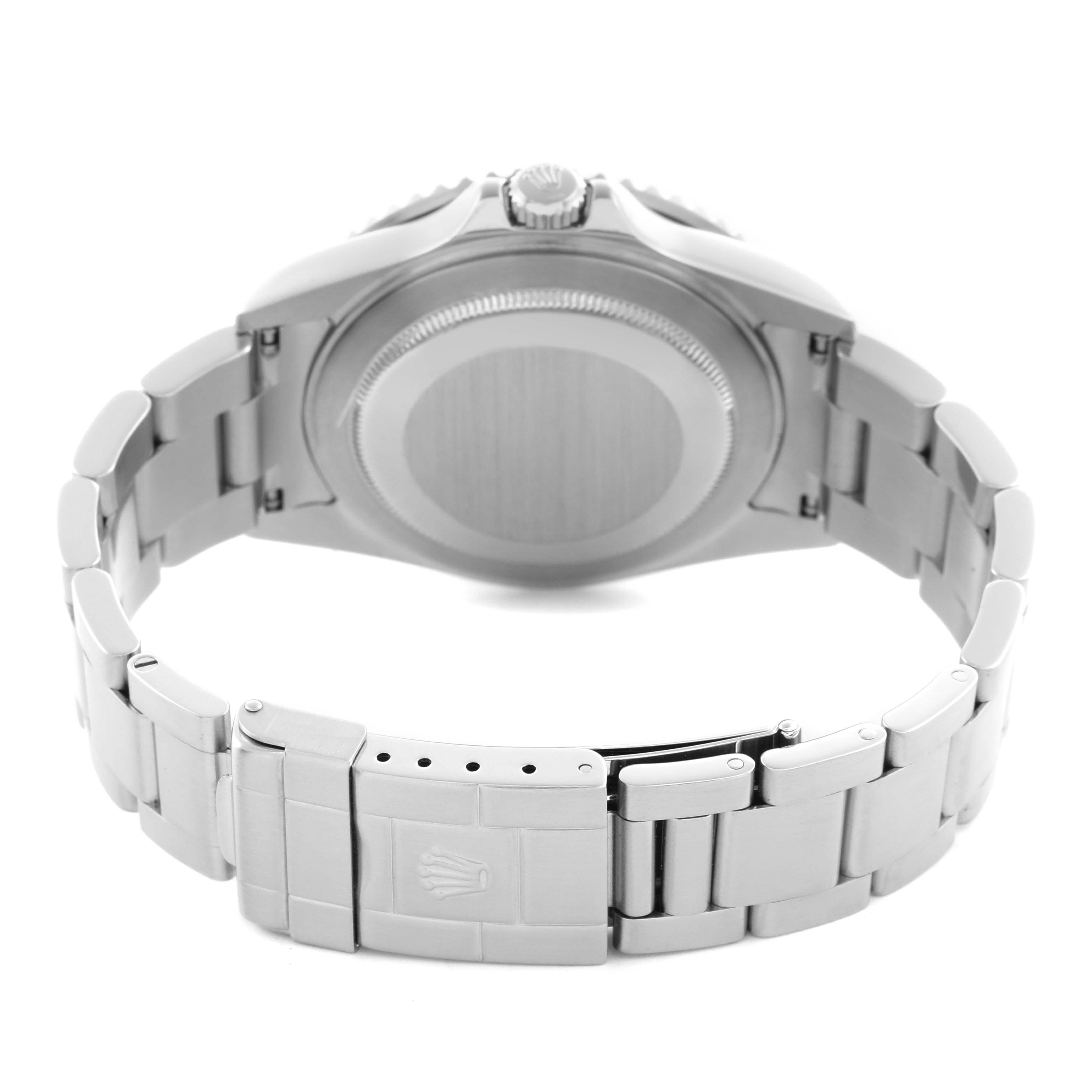 The image shows the back and bracelet clasp of a Rolex GMT-Master 16710 Men's Stainless Steel Black Dial 16710 Men's Stainless Steel Black Dial watch, viewed from the case back angle.