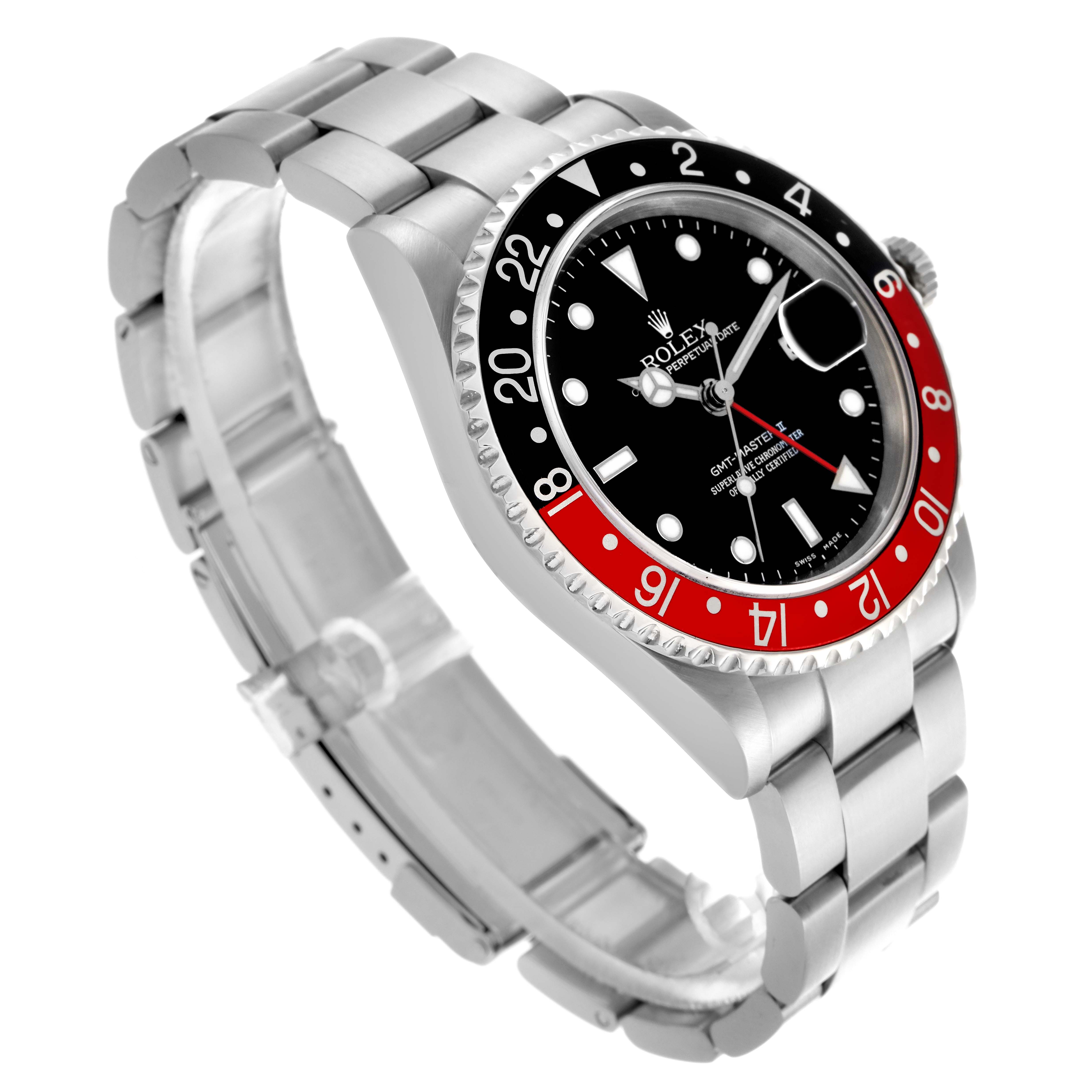 The image shows a side-angle view of the Rolex GMT-Master 16710 Men's Stainless Steel Black Dial 16710 Men's Stainless Steel Black Dial, highlighting the bezel, dial, and bracelet.