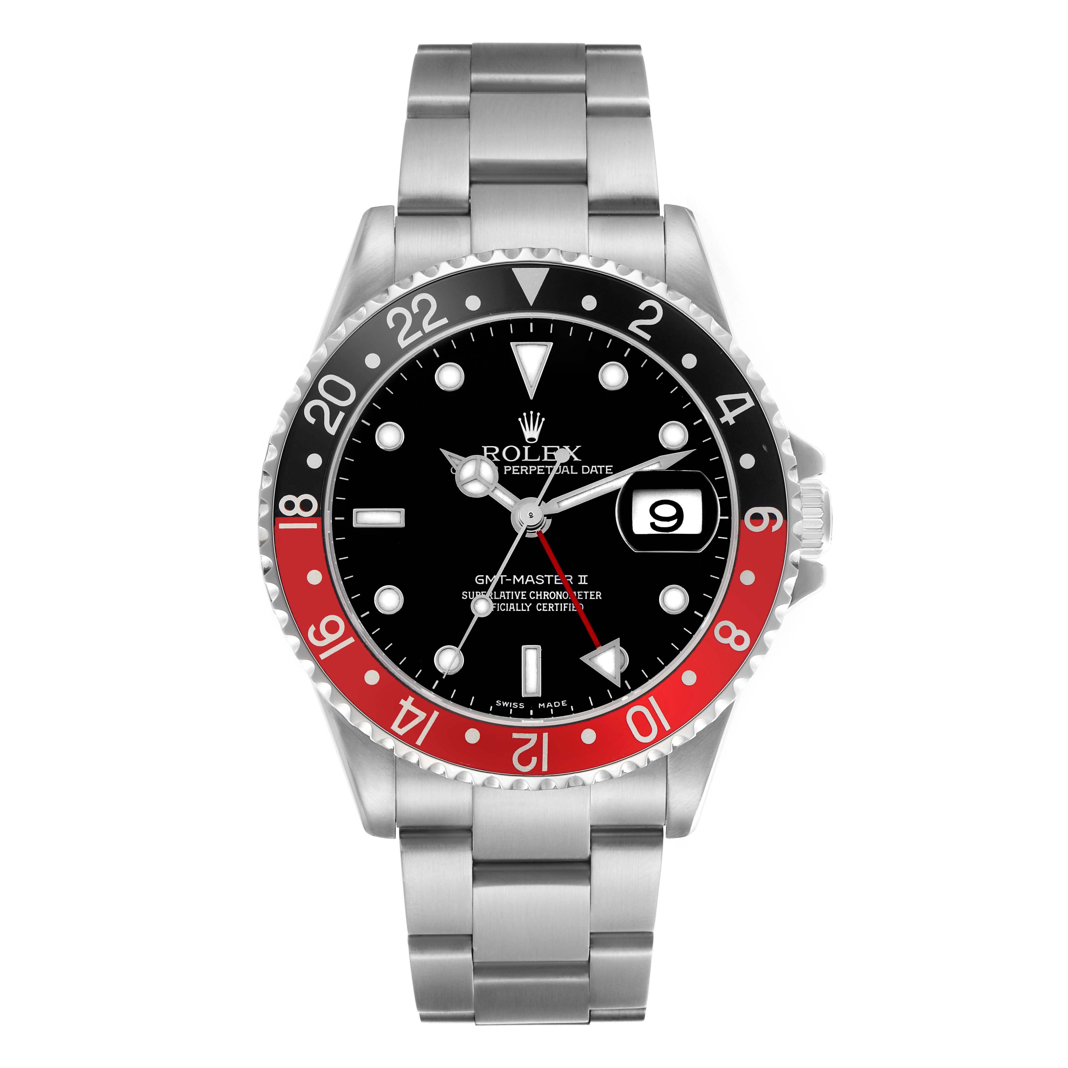 The Rolex GMT-Master 16710 Men's Stainless Steel Black Dial 16710 Men's Stainless Steel Black Dial watch is shown from a top-down angle, highlighting the bezel, dial, and bracelet.