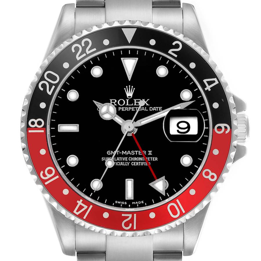 The image shows a front view of the Rolex GMT-Master II watch, highlighting the dial, bezel, crown, and part of the bracelet.