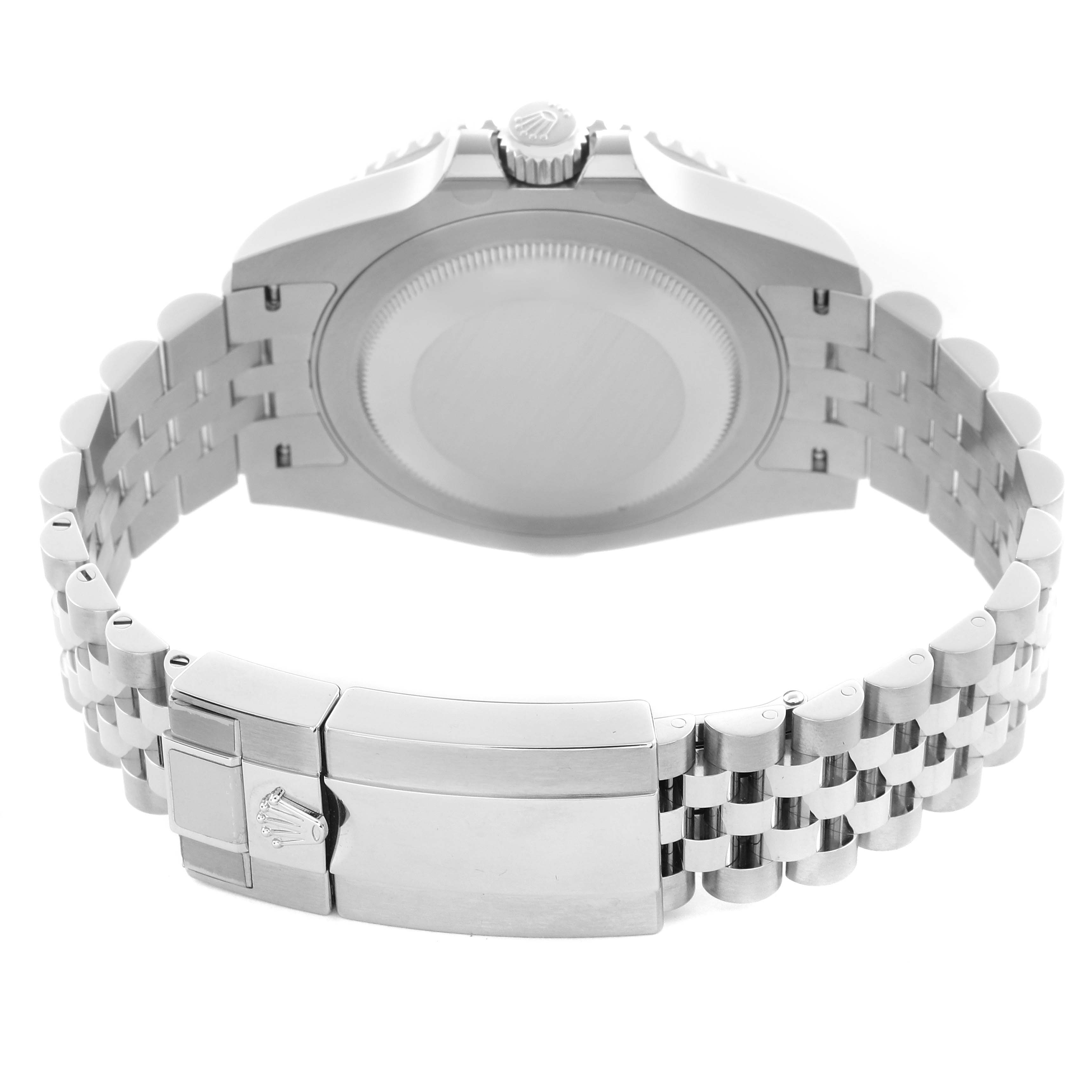 The image shows the back of a Rolex GMT-Master 126710BLRO Men's Stainless Steel Black Dial 126710BLRO Men's Stainless Steel Black Dial, highlighting the case back, crown, and Jubilee bracelet with the clasp open.