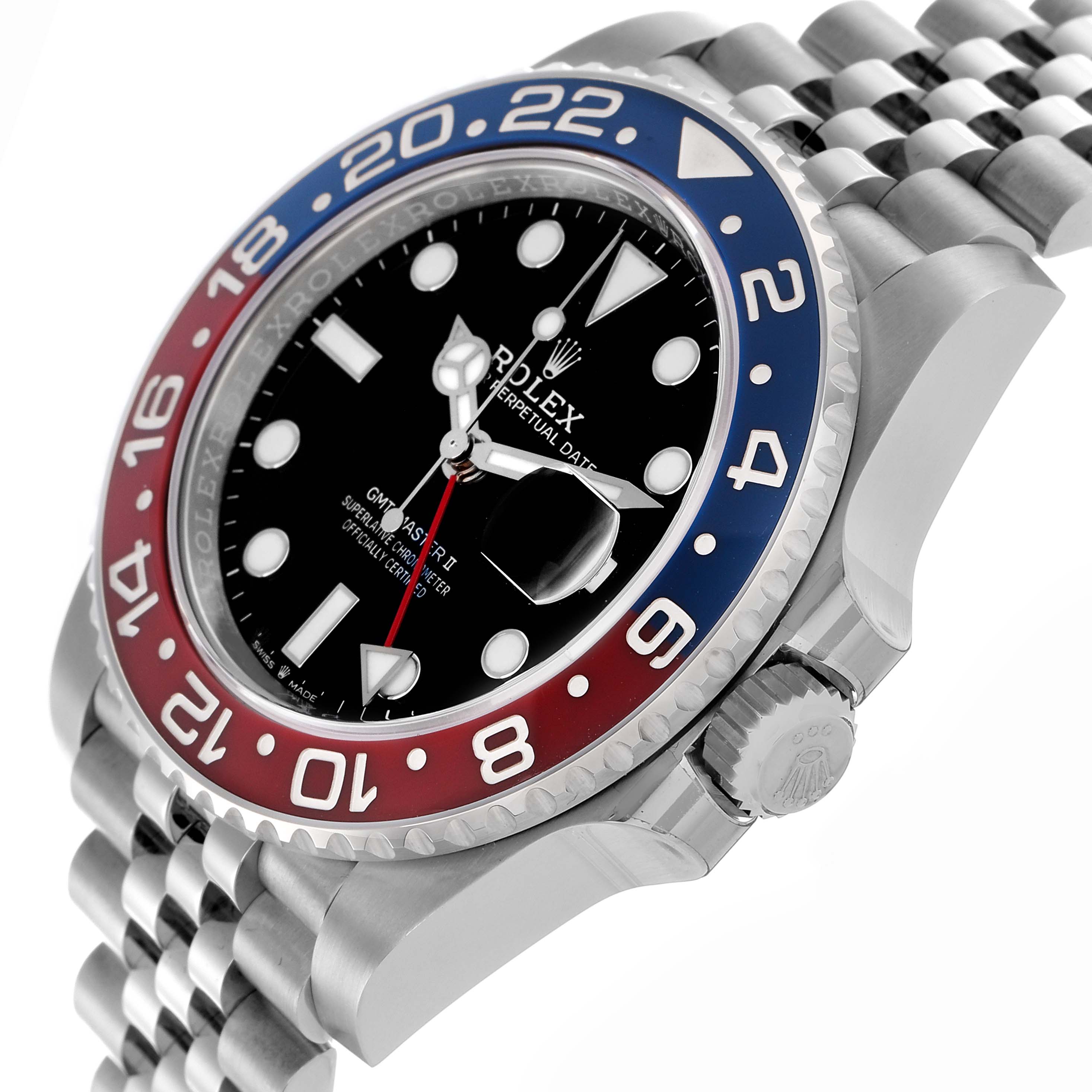 The Rolex GMT-Master 126710BLRO Men's Stainless Steel Black Dial 126710BLRO Men's Stainless Steel Black Dial watch is shown at an angled view highlighting the dial, bezel, crown, and part of the bracelet.