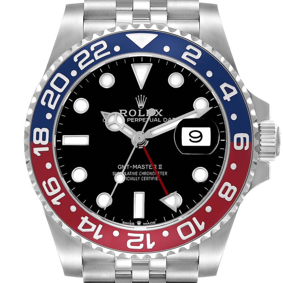 The Rolex GMT-Master watch is shown from a front angle, highlighting the bezel, dial, and bracelet.