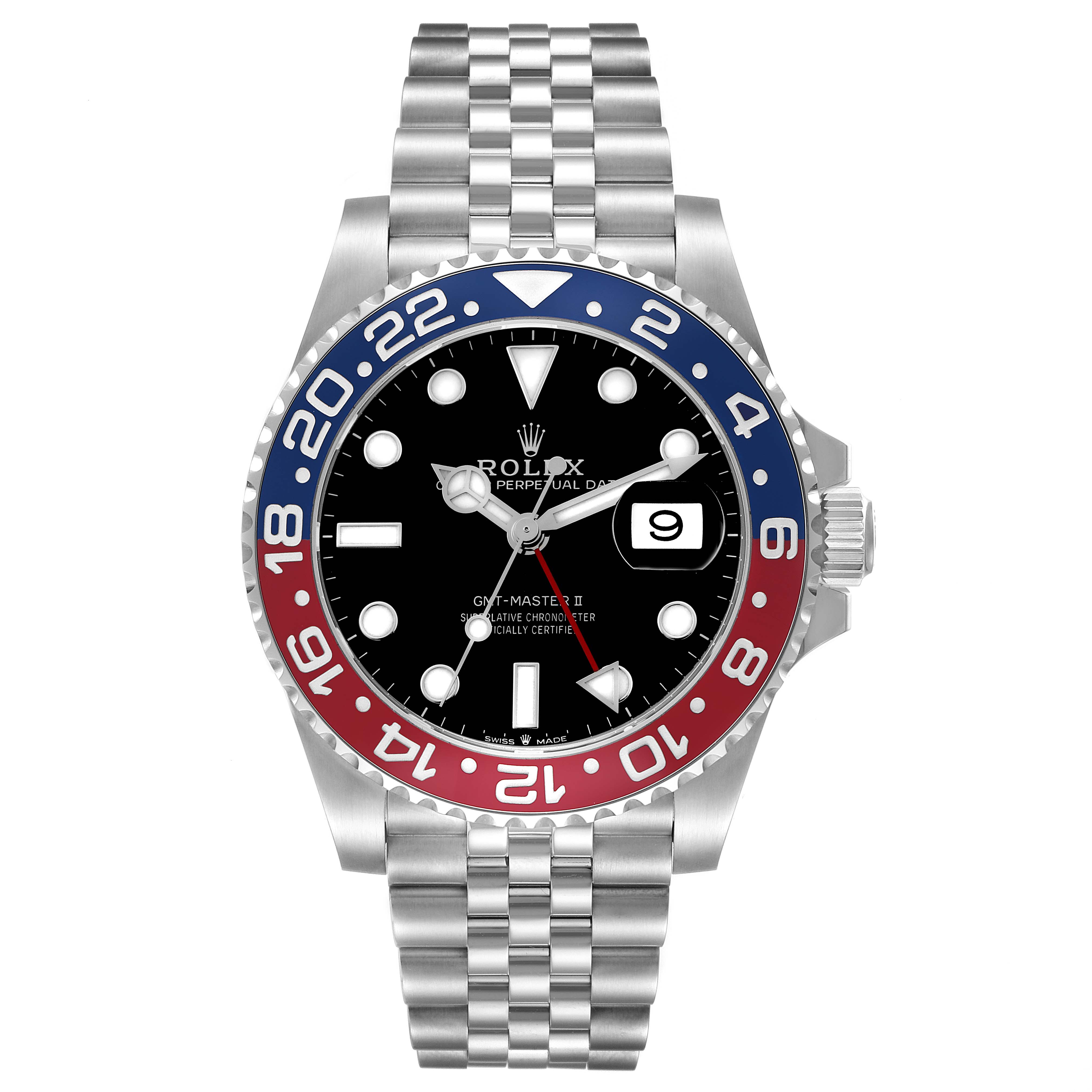 The Rolex GMT-Master 126710BLRO Men's Stainless Steel Black Dial 126710BLRO Men's Stainless Steel Black Dial watch is shown in a front view, highlighting the bezel, dial, bracelet, and date function.