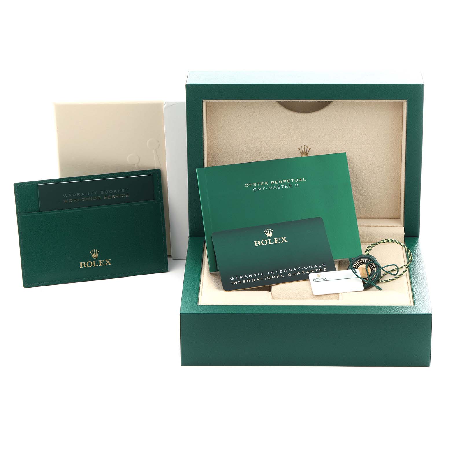 The image shows the packaging, warranty booklets, and tags for a Rolex GMT-Master 126710BLRO Men's Stainless Steel Black Dial 126710BLRO Men's Stainless Steel Black Dial watch.