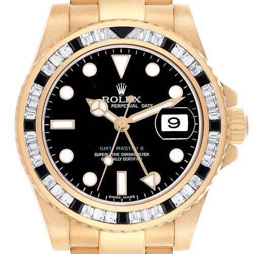 Photo of Rolex GMT Master II Sapphire Diamond Bezel Yellow Gold Mens Watch 116748