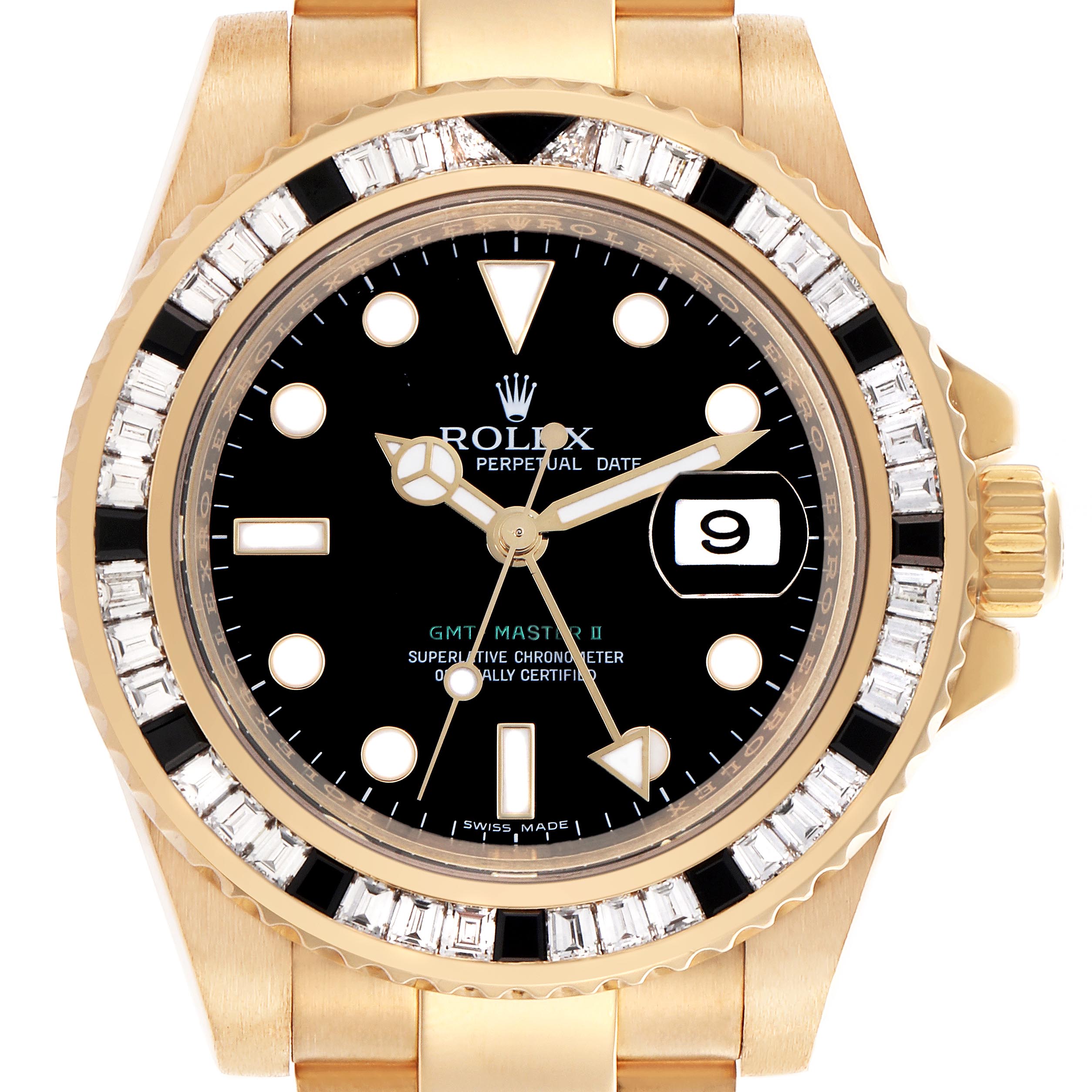 The Rolex GMT-Master 116748 Men's Yellow Gold Black Dial 116748 Men's Yellow Gold Black Dial watch is shown from a front view displaying the face, bezel, crown, and part of the bracelet.