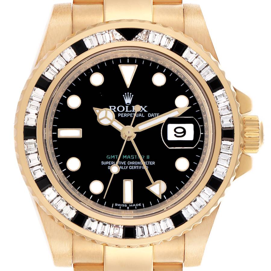 The Rolex GMT-Master watch is shown from a front view displaying the face, bezel, crown, and part of the bracelet.