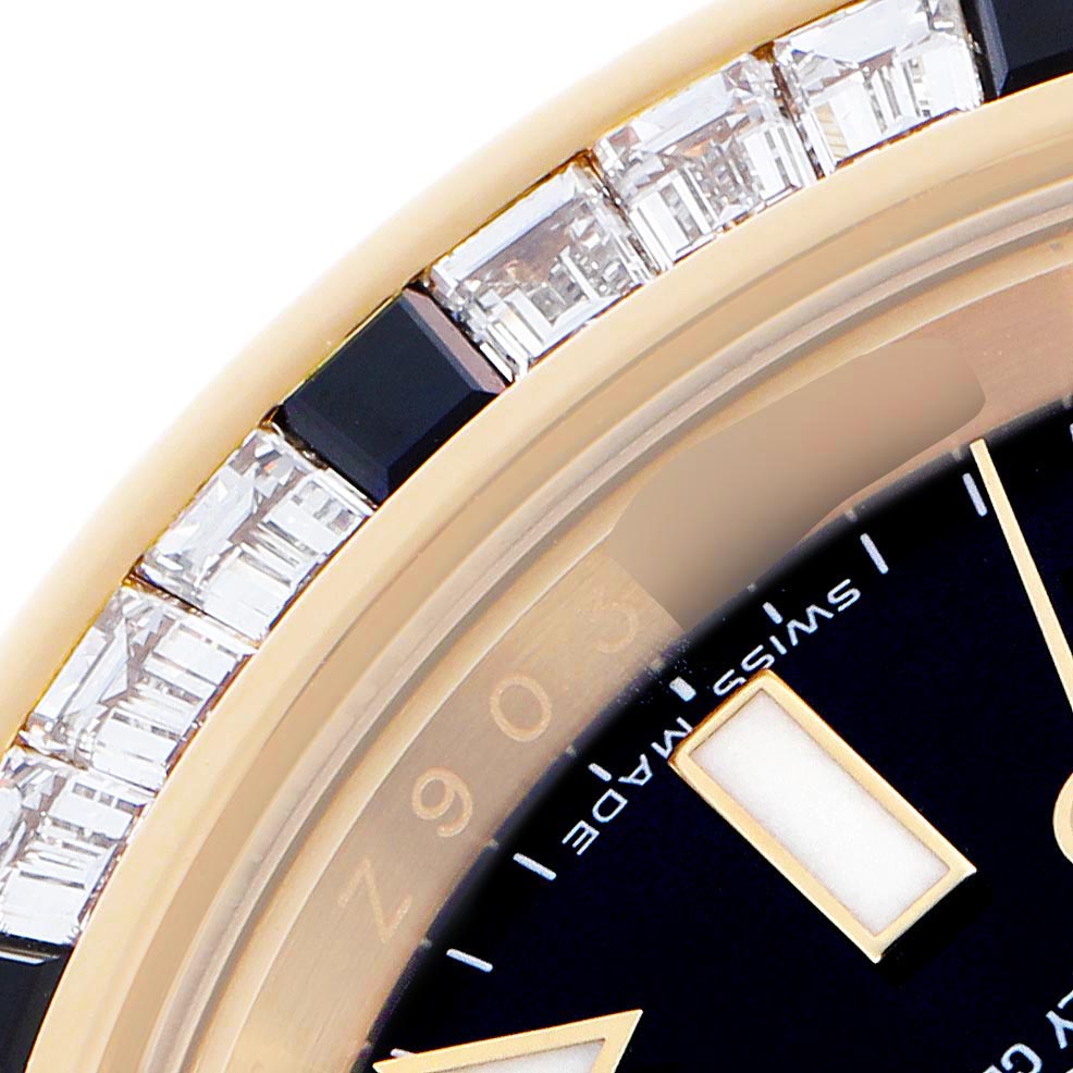 The image shows a detailed close-up of the bezel and part of the dial of a Rolex GMT-Master 116748 Men's Yellow Gold Black Dial 116748 Men's Yellow Gold Black Dial, highlighting jewels and markings.