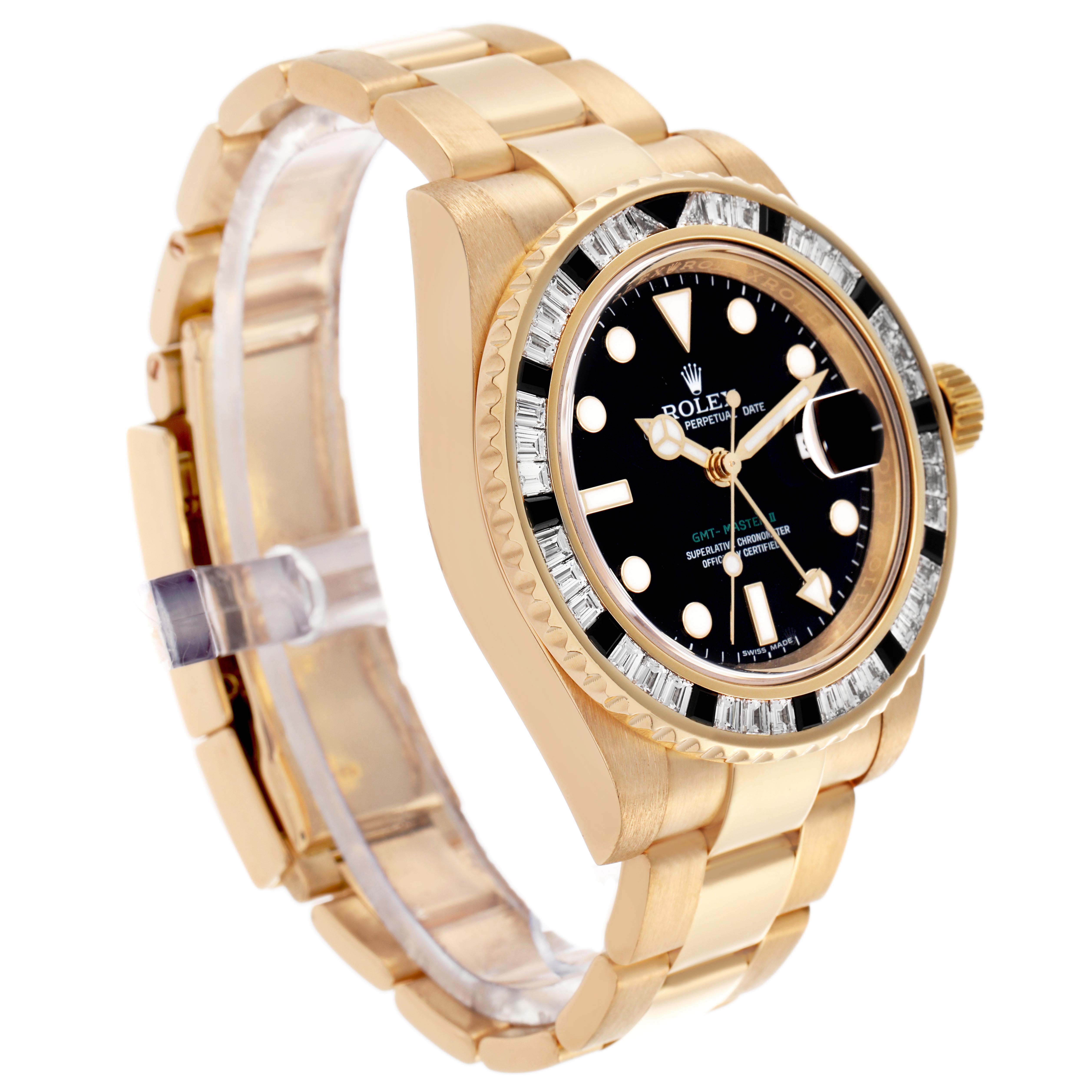 The image shows a Rolex GMT-Master 116748 Men's Yellow Gold Black Dial watch at a three-quarter angle, highlighting the bezel, dial, and part of the bracelet.