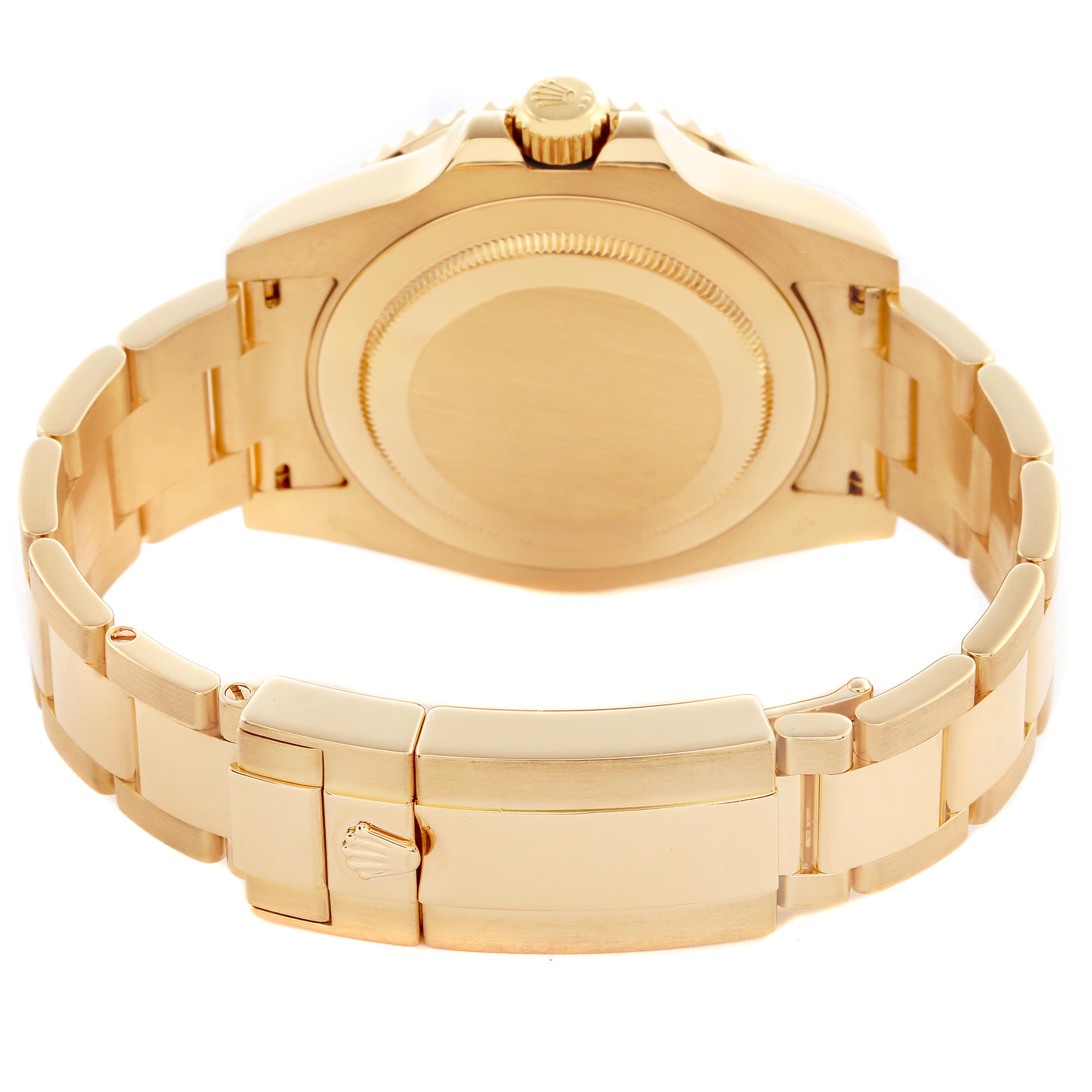 The image shows the back and bracelet of a Rolex GMT-Master 116748 Men's Yellow Gold Black Dial 116748 Men's Yellow Gold Black Dial watch, featuring its case back and clasp in gold tone.